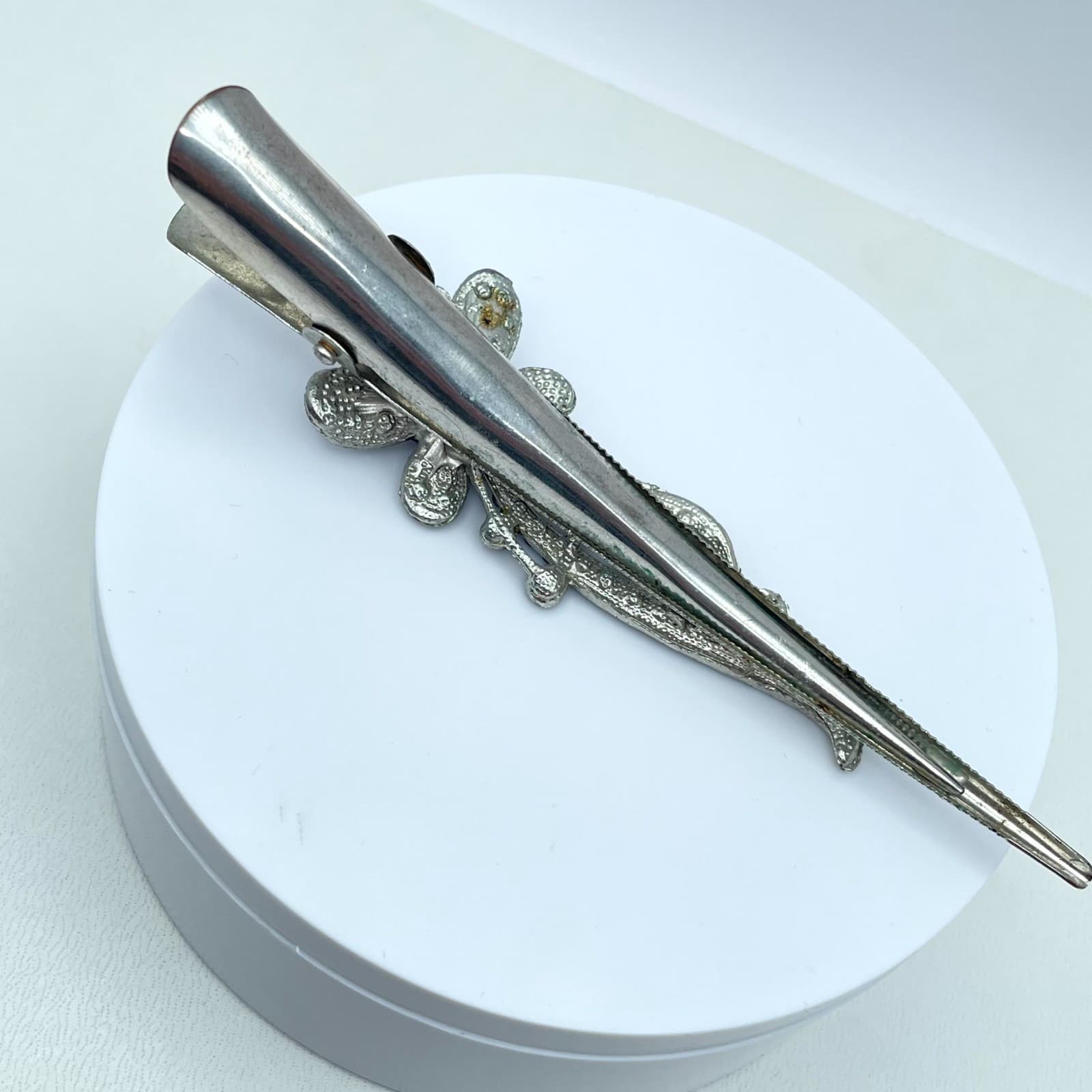 Vintage Silver-Tone Black Classic Faceted Glass Floral Beads Alligator Hair Clip - Thumbnail 3