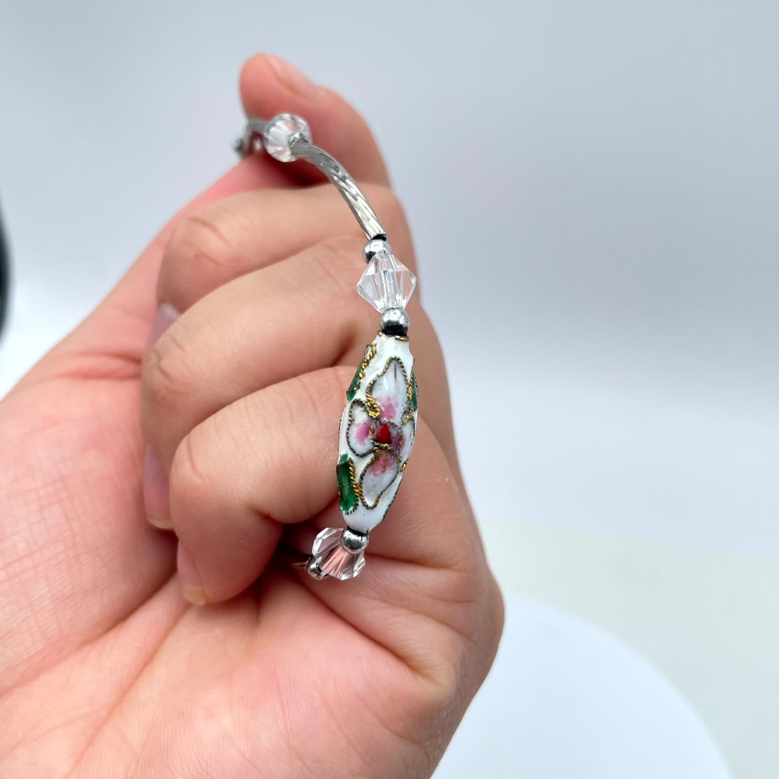 Vintage Silver-Tone Adjustable Faceted Glass Floral Ceramic Bead Chain Bracelet - Thumbnail 6