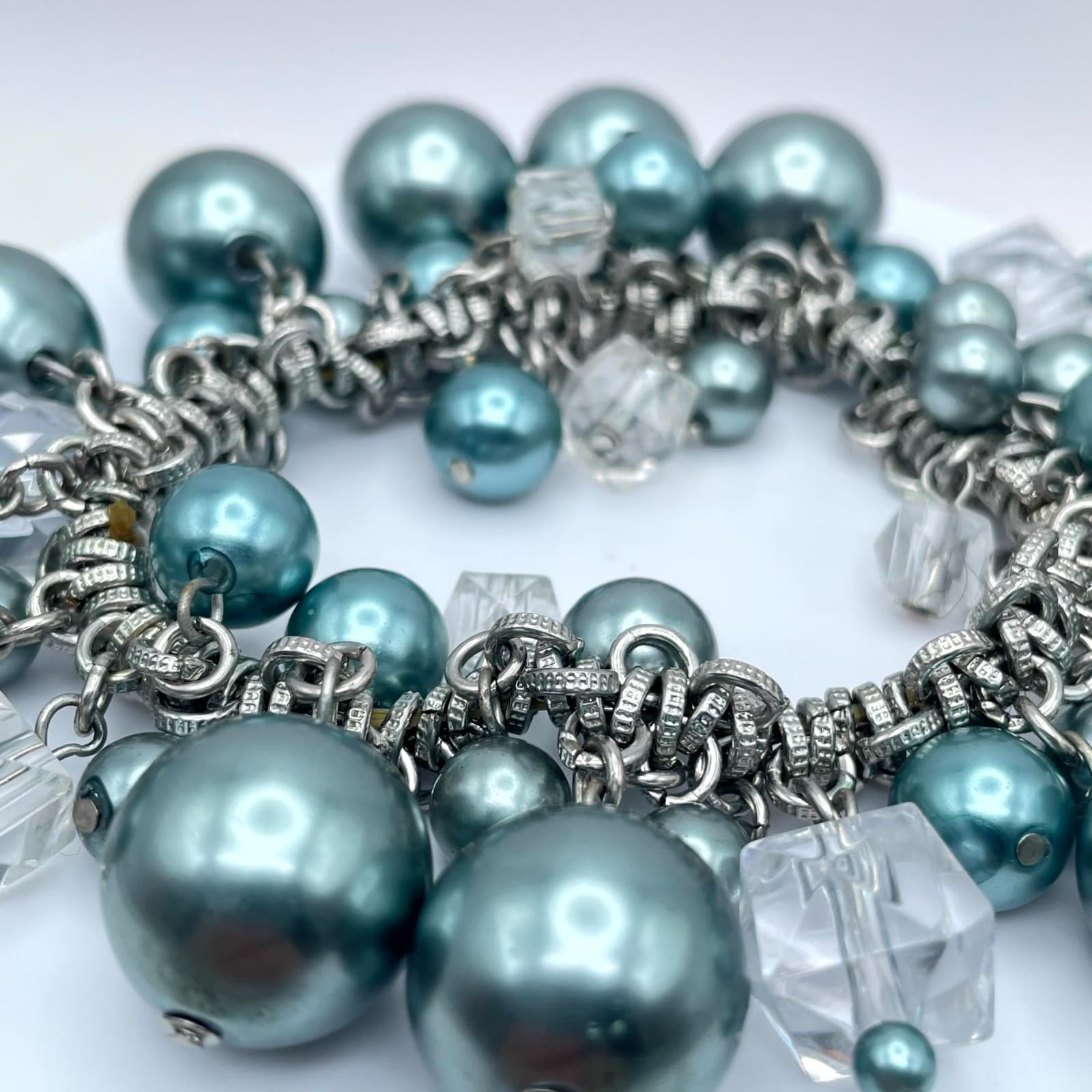 Vintage Silver-Tone Blue Mother Of Pearls Beaded Chunky Statement Chain Bracelet - Thumbnail 2