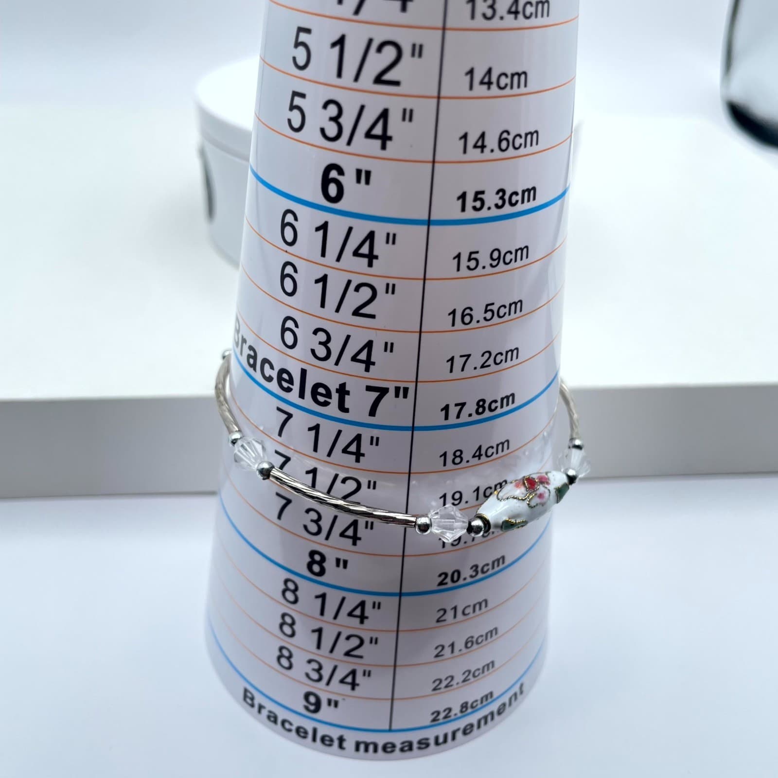 Vintage Silver-Tone Adjustable Faceted Glass Floral Ceramic Bead Chain Bracelet - Thumbnail 9