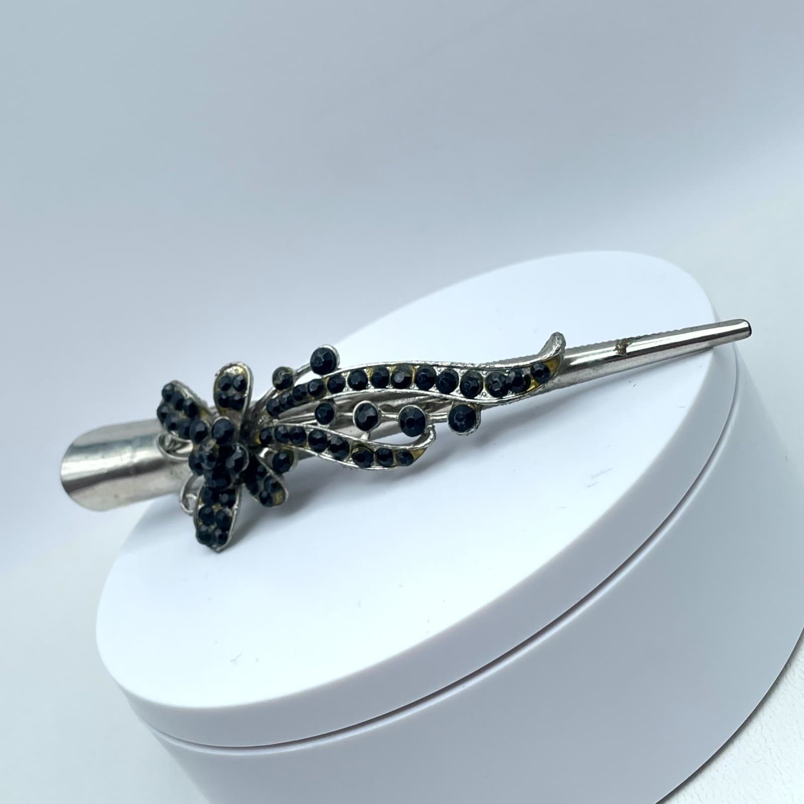 Vintage Silver-Tone Black Classic Faceted Glass Floral Beads Alligator Hair Clip - Thumbnail 7
