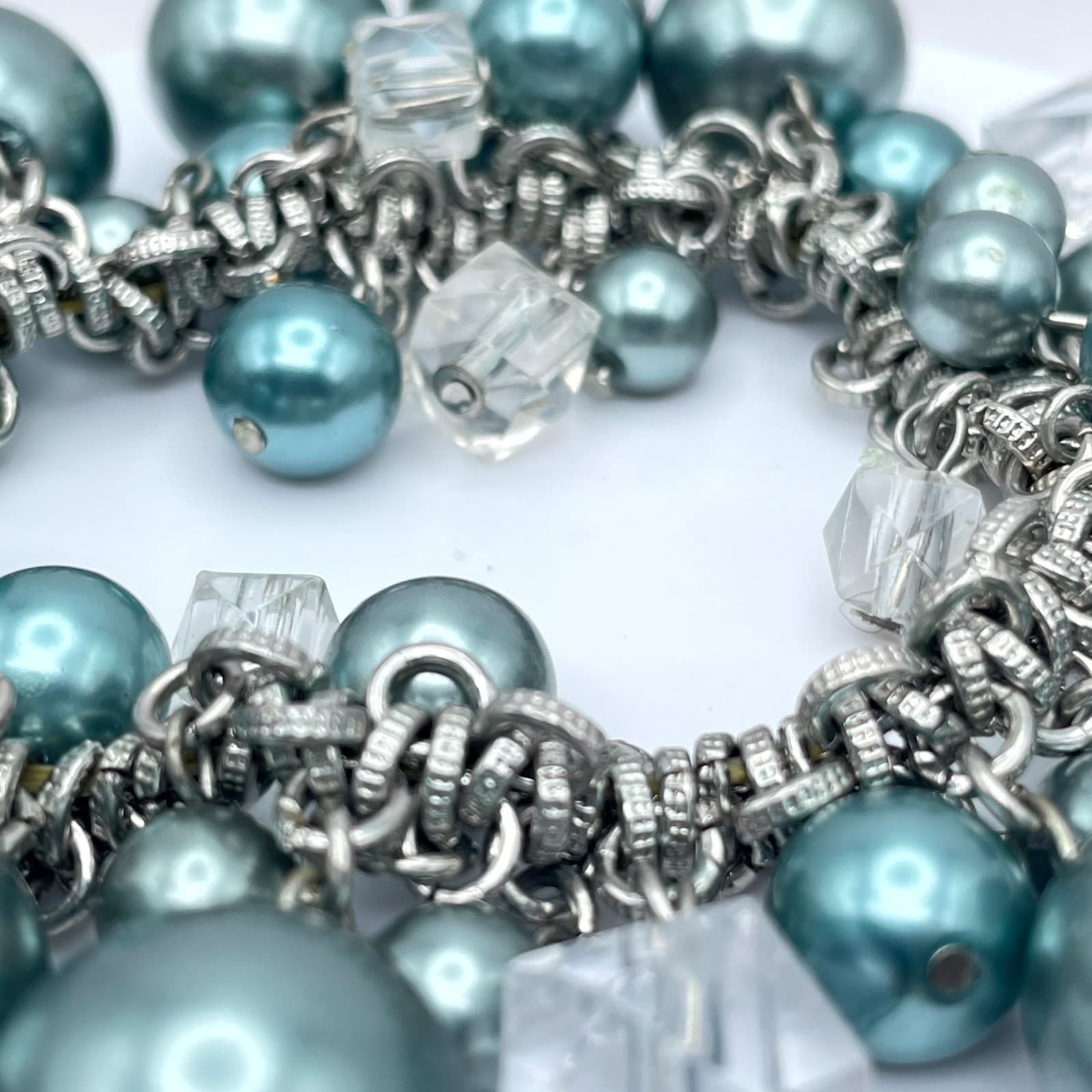 Vintage Silver-Tone Blue Mother Of Pearls Beaded Chunky Statement Chain Bracelet - Thumbnail 4