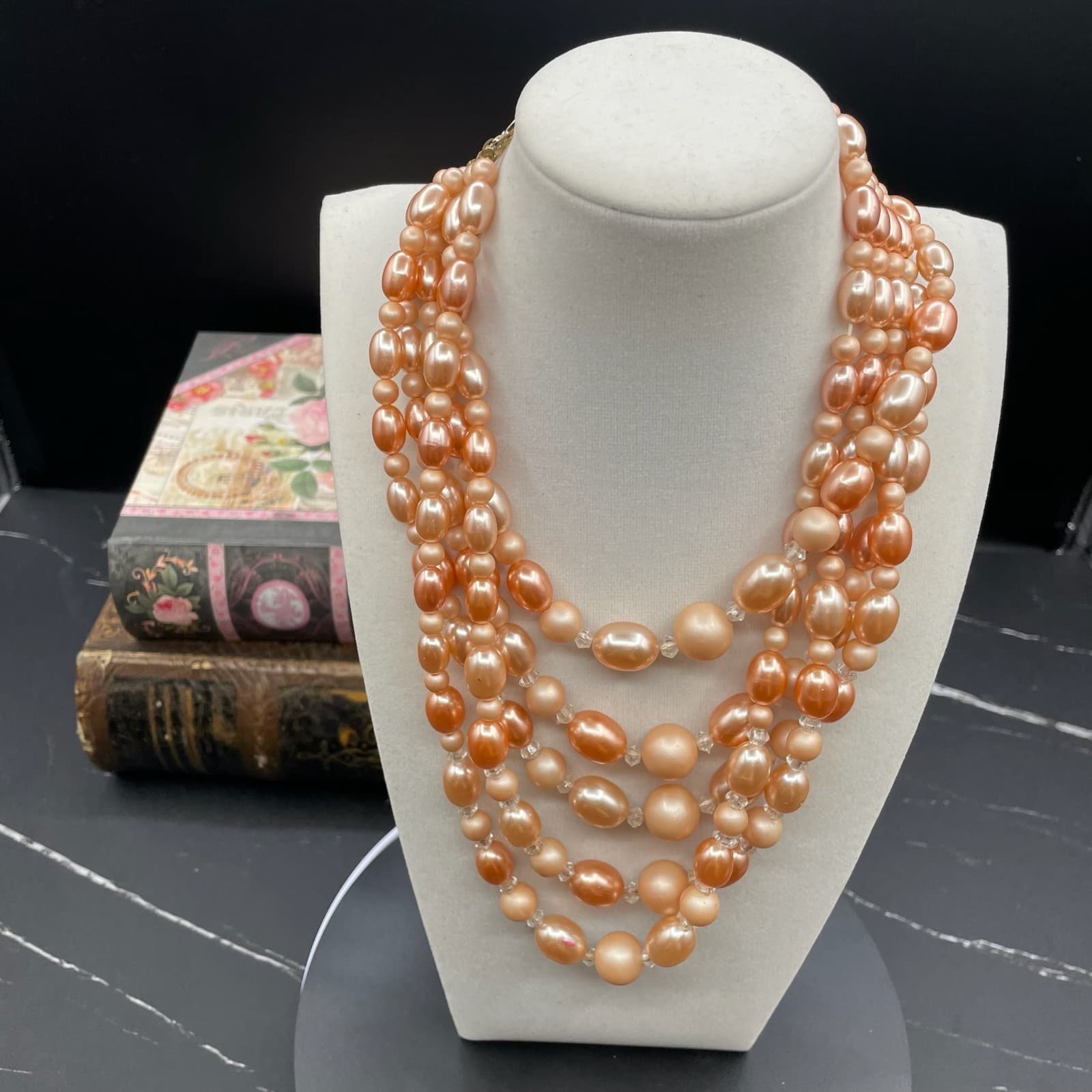 Vintage Apricot-Tone Classic Fashion Baroque Beads Multi-Strand Layered Necklace - Thumbnail 4