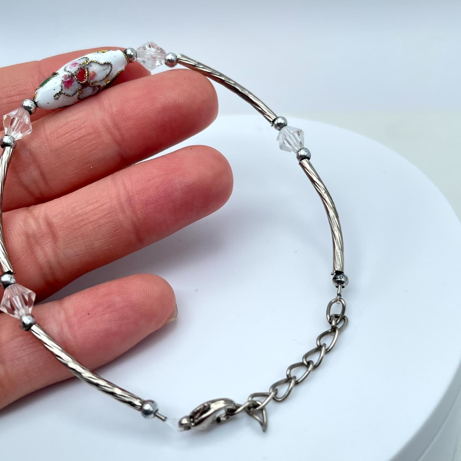 Vintage Silver-Tone Adjustable Faceted Glass Floral Ceramic Bead Chain Bracelet - Thumbnail 4