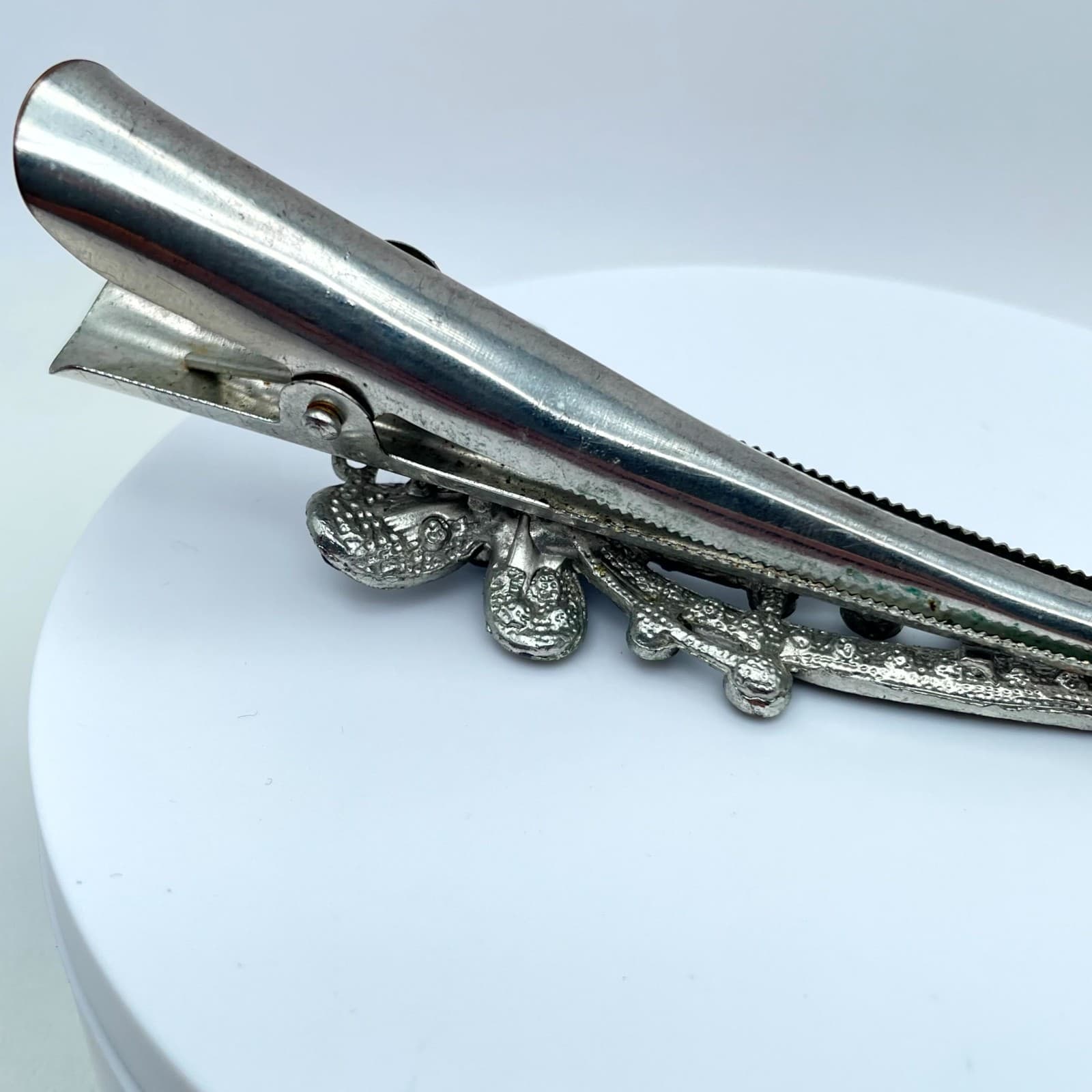 Vintage Silver-Tone Black Classic Faceted Glass Floral Beads Alligator Hair Clip - Thumbnail 4