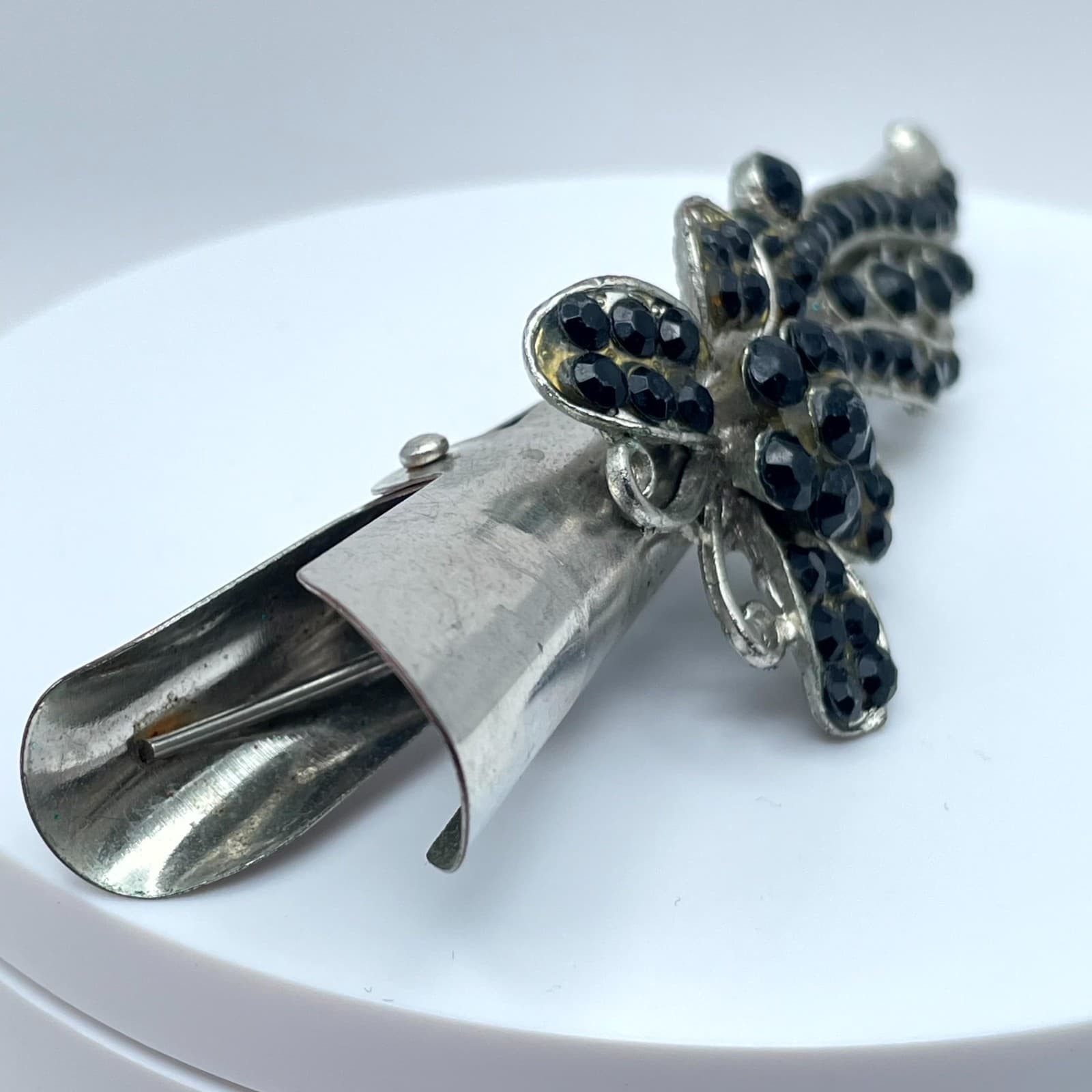 Vintage Silver-Tone Black Classic Faceted Glass Floral Beads Alligator Hair Clip - Thumbnail 9