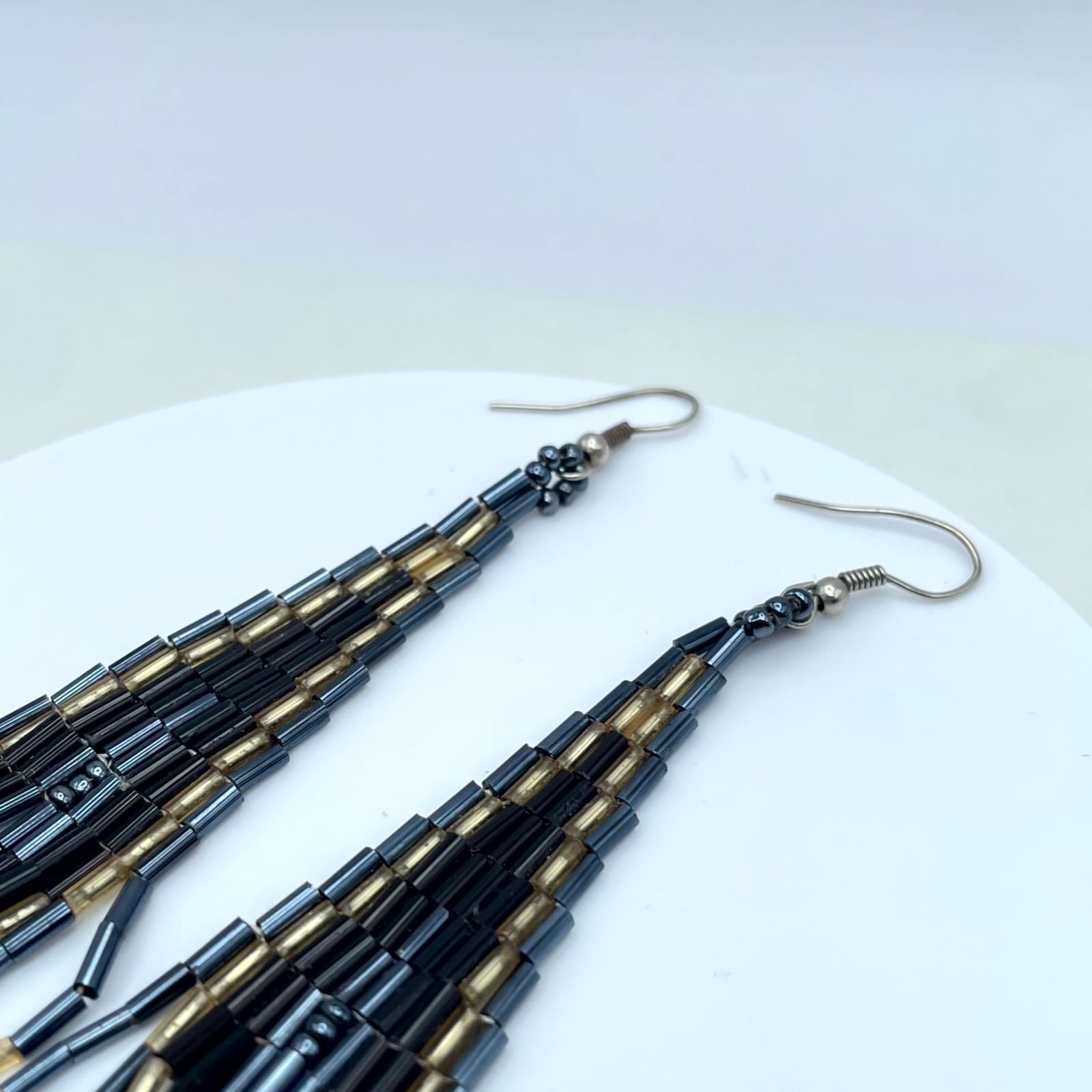 Boho-Chic Modern Gold-Tone Black Handcrafted Seed Beads Fringe Hook Earrings - Thumbnail 6