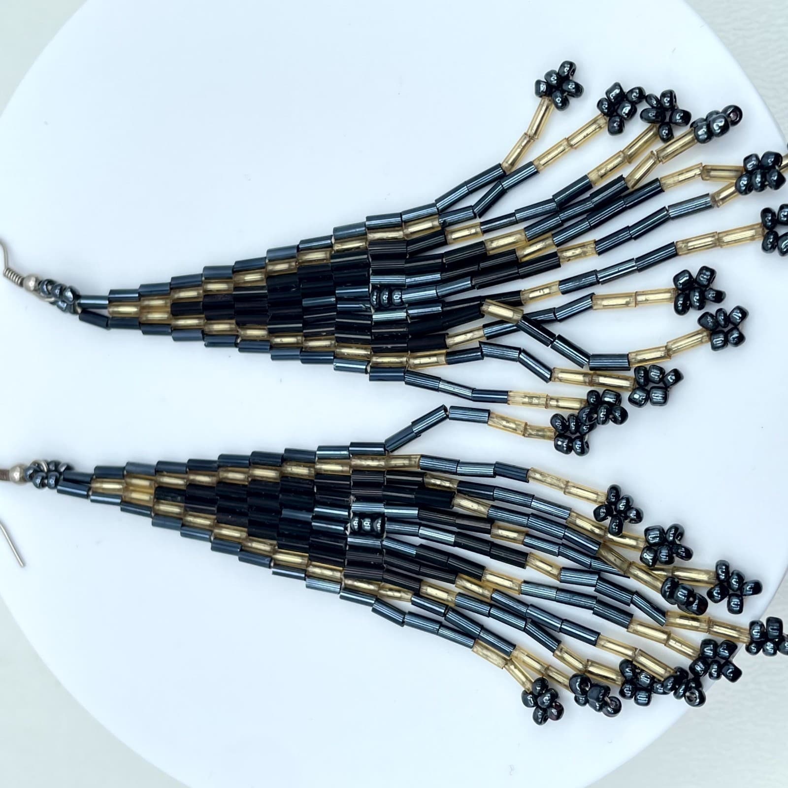 Boho-Chic Modern Gold-Tone Black Handcrafted Seed Beads Fringe Hook Earrings - Thumbnail 3