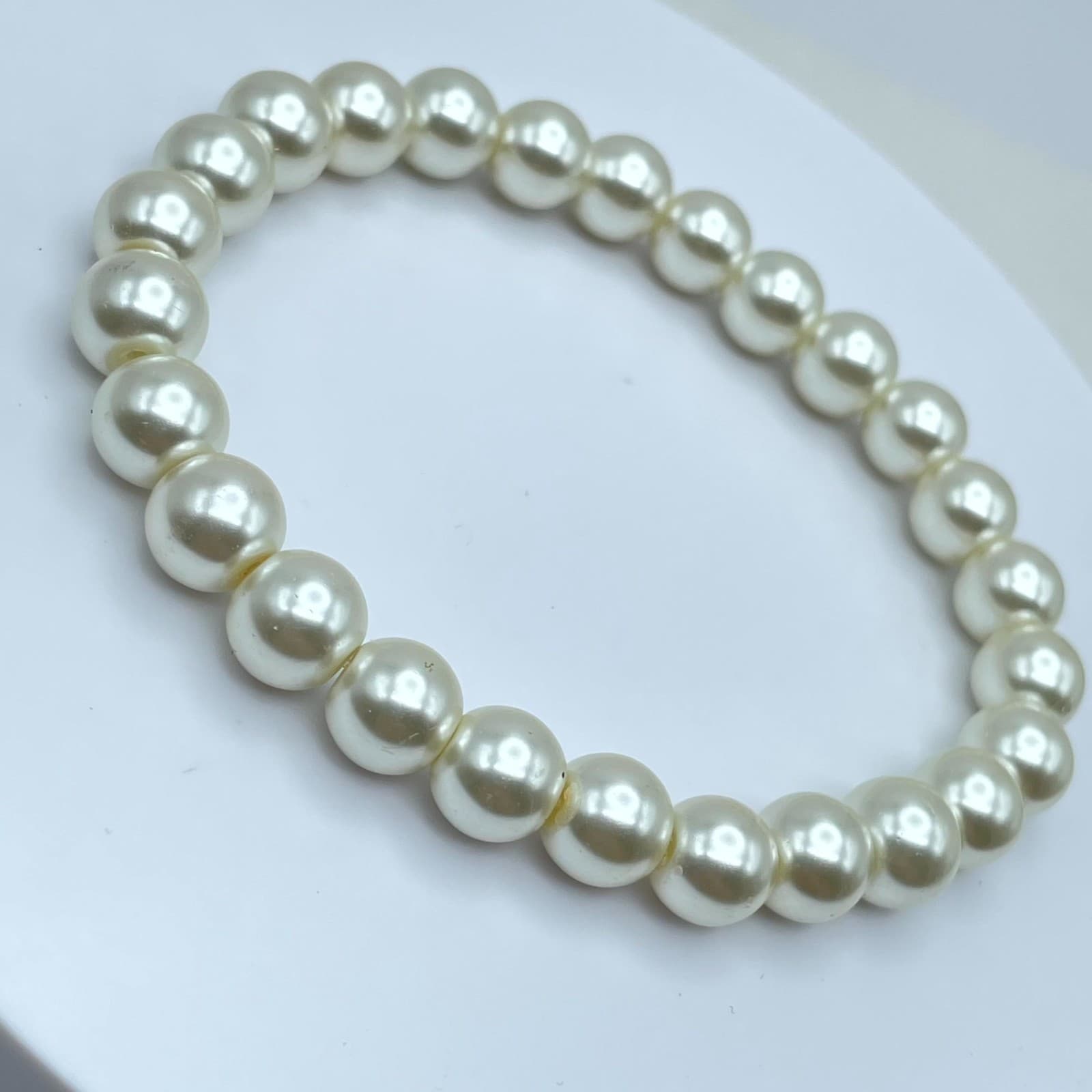 Modern Cream Classic Fashion Cord Round Mother Of Pearl Beaded Stretch Bracelet - Thumbnail 4