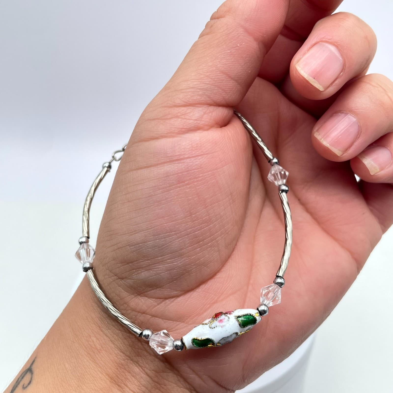 Vintage Silver-Tone Adjustable Faceted Glass Floral Ceramic Bead Chain Bracelet - Thumbnail 8