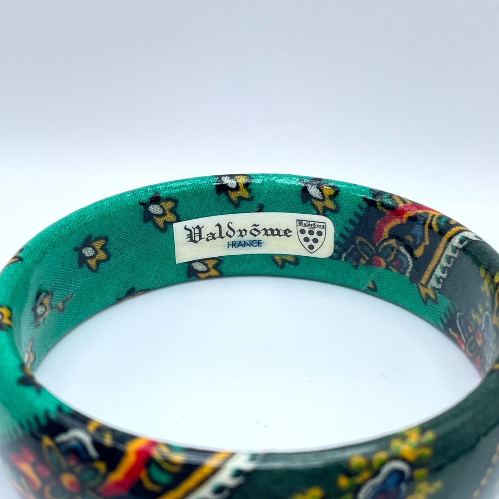 Vintage Valdrome Green Gold Indienne Floral Painted Enamel Bangle Bracelet - Thumbnail 6