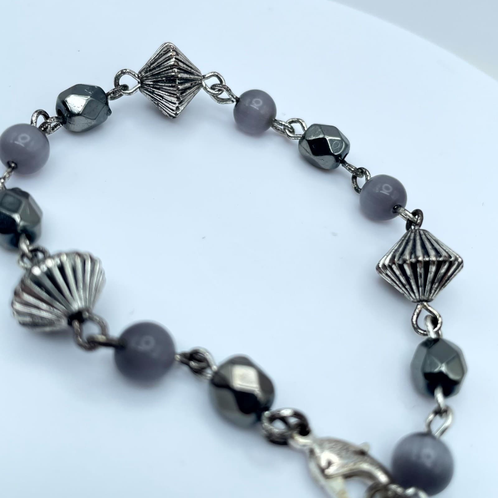 Contemporary Silver-Tone Hematite Style Bicone Faceted Beaded Lobster Bracelet - Thumbnail 5