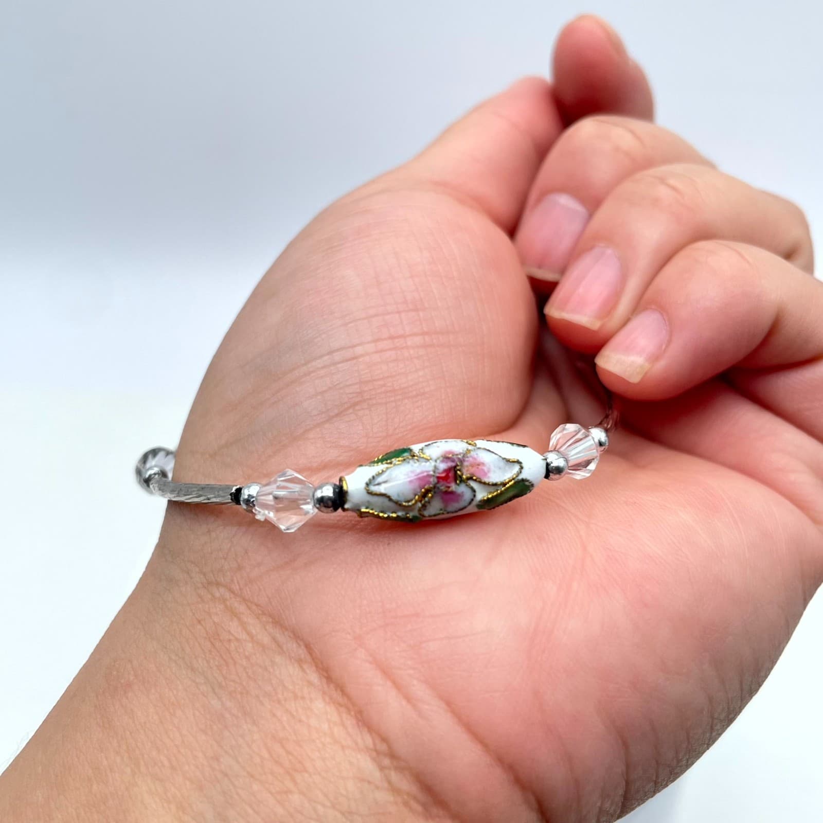 Vintage Silver-Tone Adjustable Faceted Glass Floral Ceramic Bead Chain Bracelet - Thumbnail 7