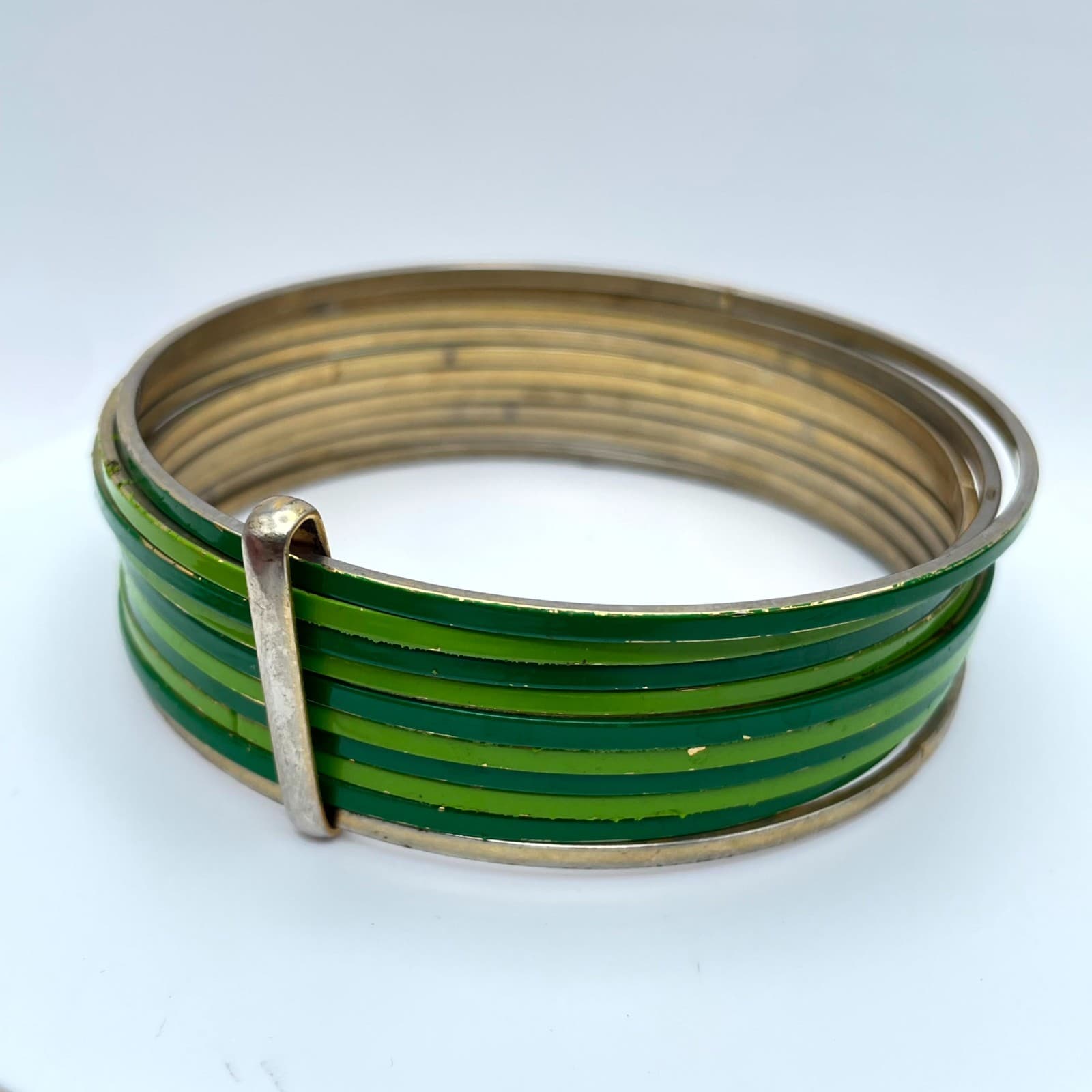 Vintage 90s Gold & Green Retro Classic Fashion Emerald Stacked Bangle Bracelet - Image 1