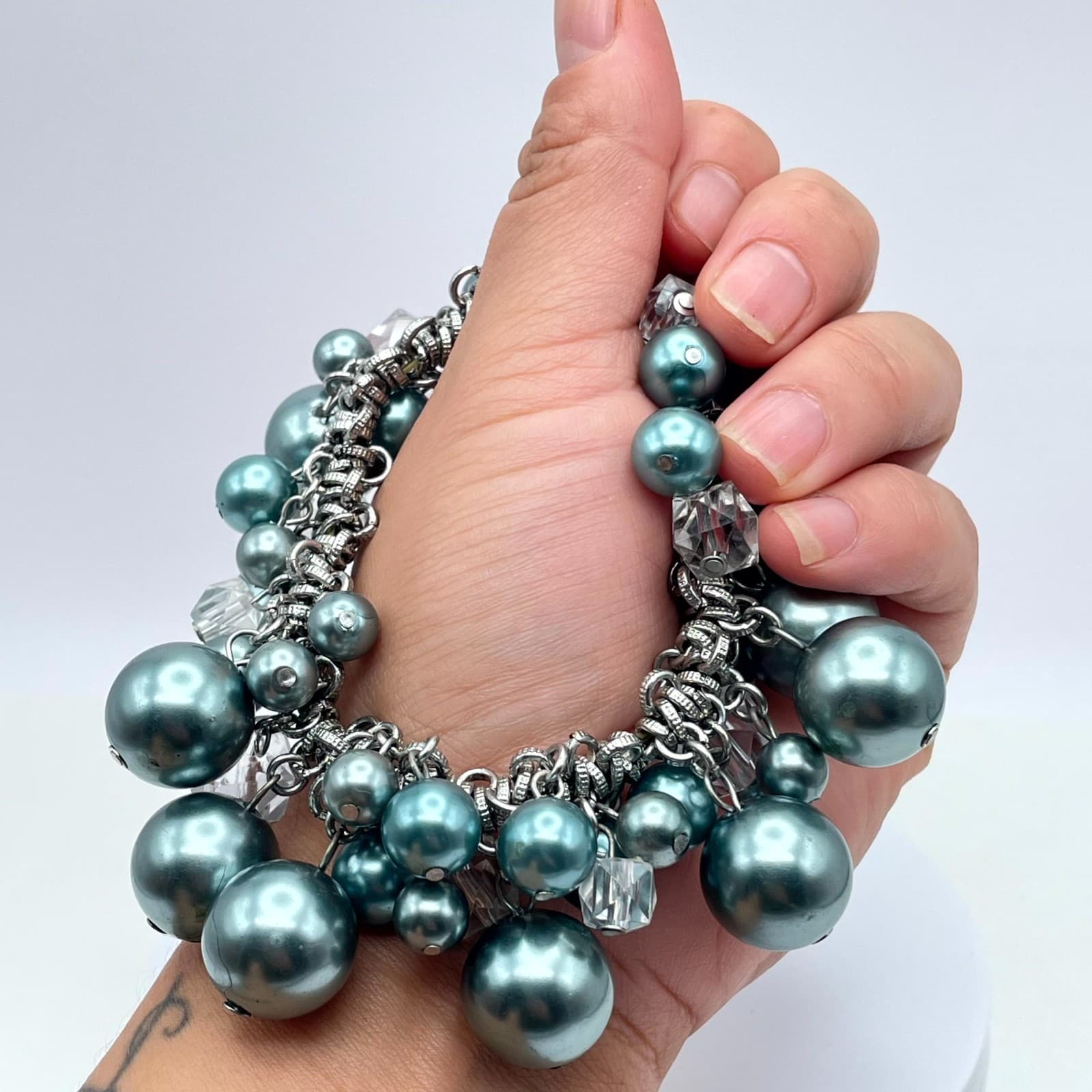Vintage Silver-Tone Blue Mother Of Pearls Beaded Chunky Statement Chain Bracelet - Thumbnail 7