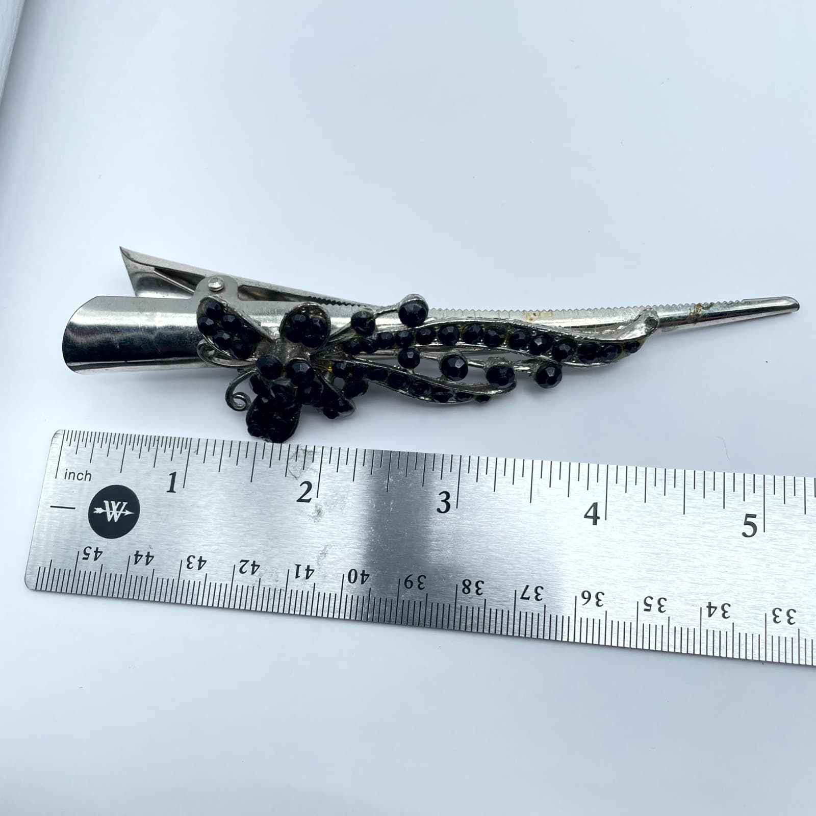Vintage Silver-Tone Black Classic Faceted Glass Floral Beads Alligator Hair Clip - Thumbnail 2