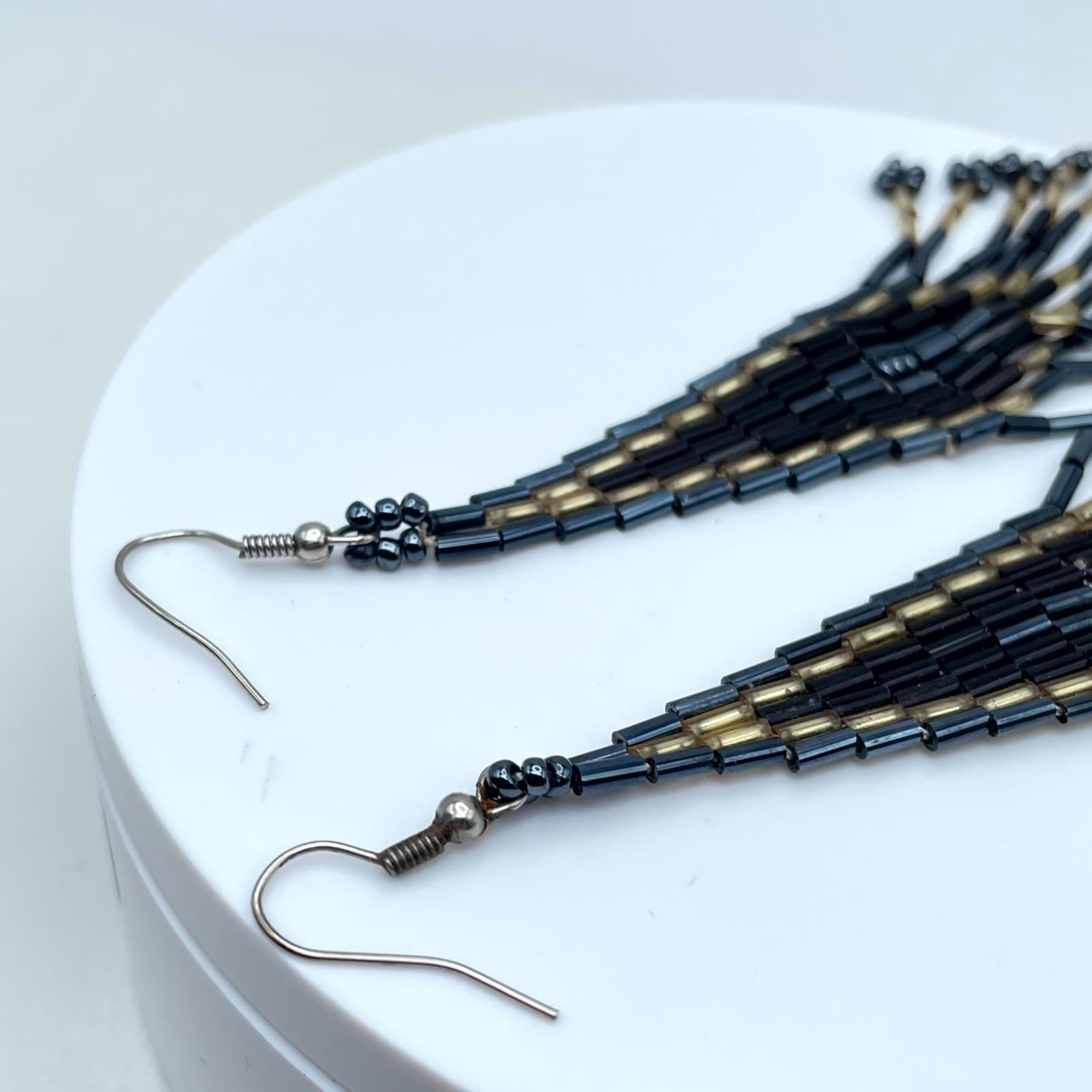 Boho-Chic Modern Gold-Tone Black Handcrafted Seed Beads Fringe Hook Earrings - Thumbnail 8
