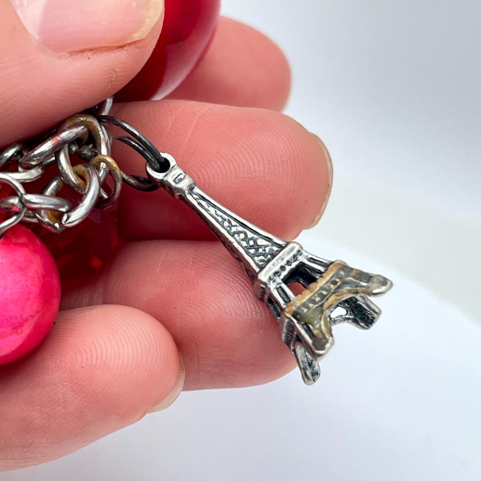 Y2K Silver-Tone Faceted Glass Mother Of Pearl Eiffel Tower Lobster Keychain - Thumbnail 8