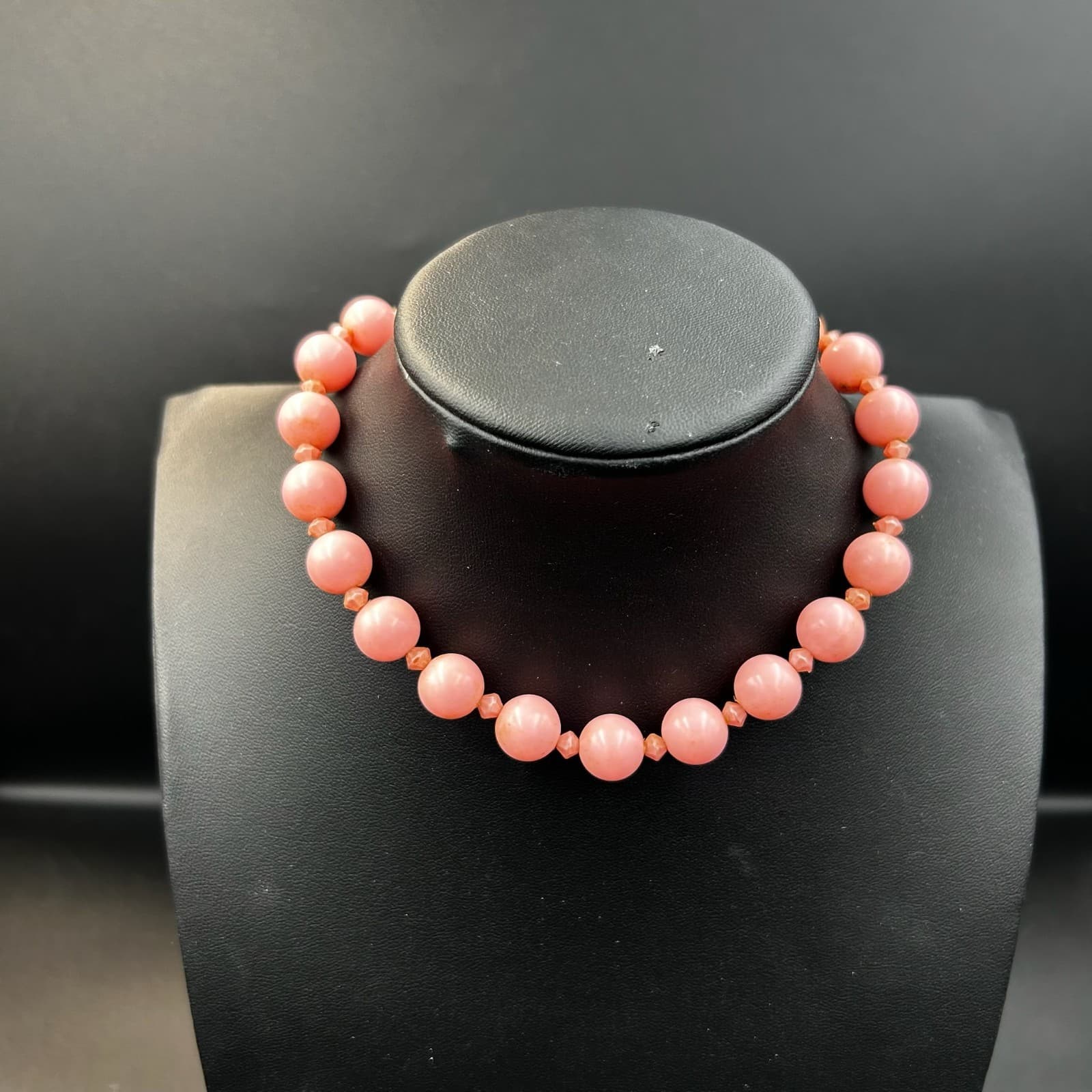 Vintage Pink Plastic Beads with Gold Tone Divider Beads Choker Necklace 12” - Image 1