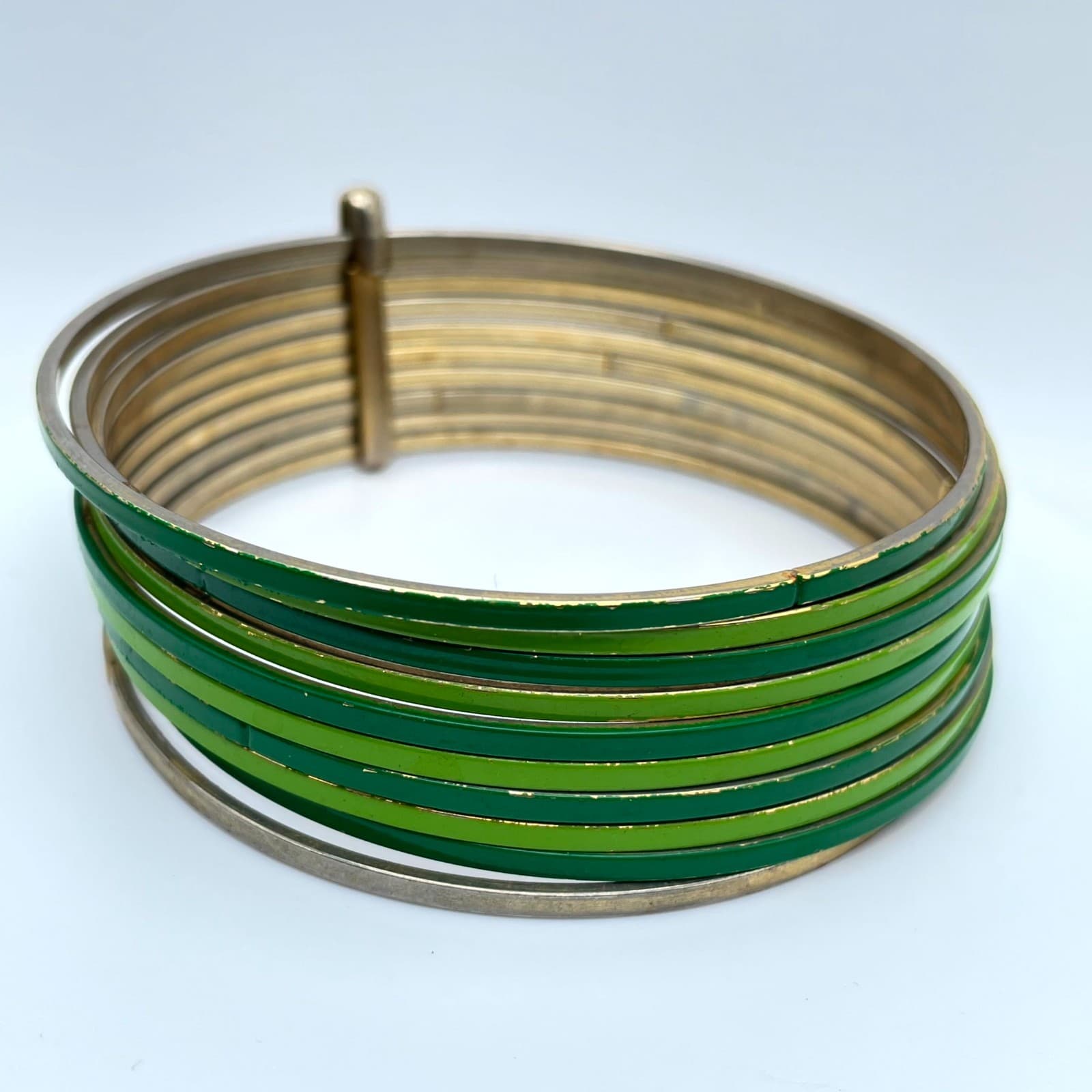 Vintage 90s Gold & Green Retro Classic Fashion Emerald Stacked Bangle Bracelet - Thumbnail 4