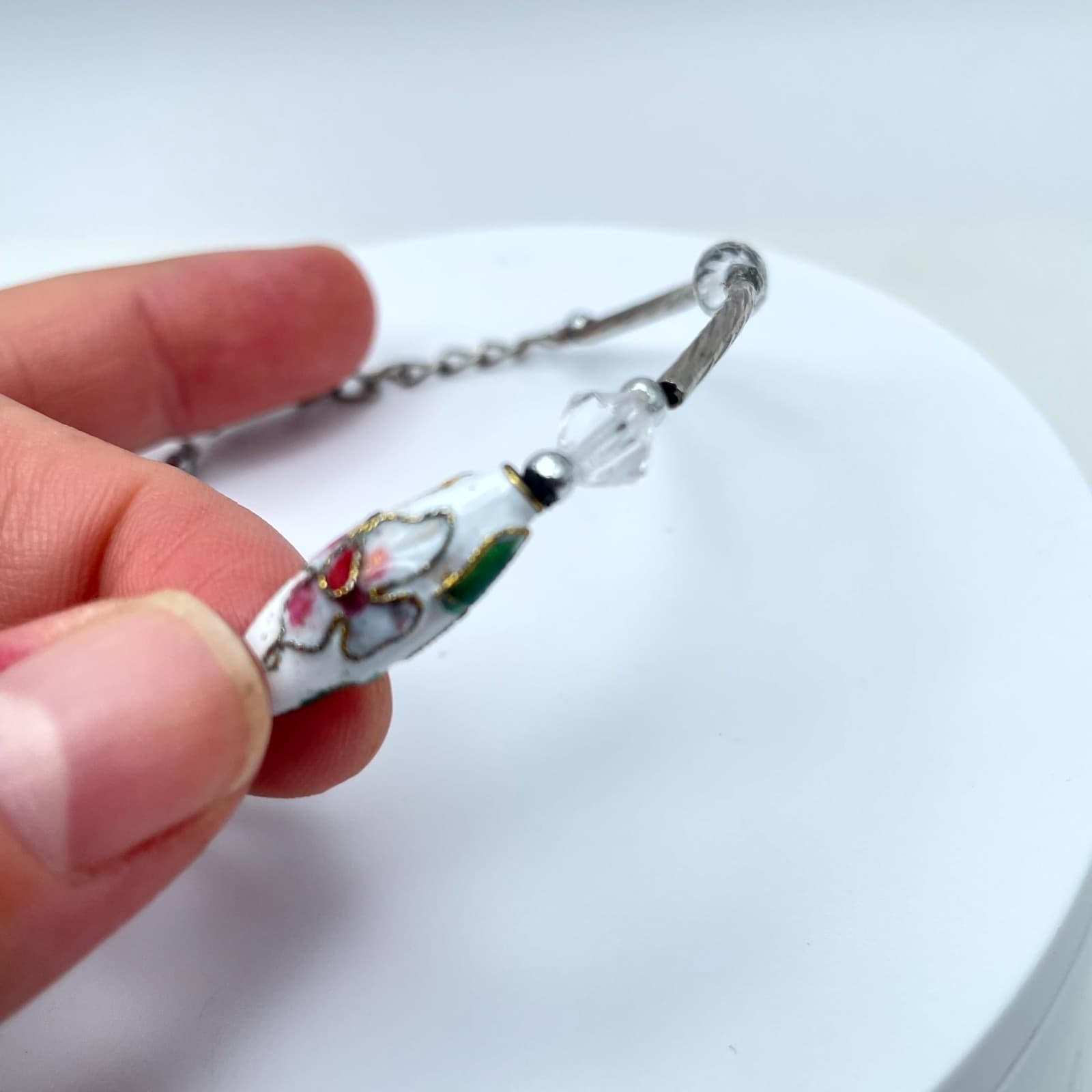 Vintage Silver-Tone Adjustable Faceted Glass Floral Ceramic Bead Chain Bracelet - Thumbnail 3