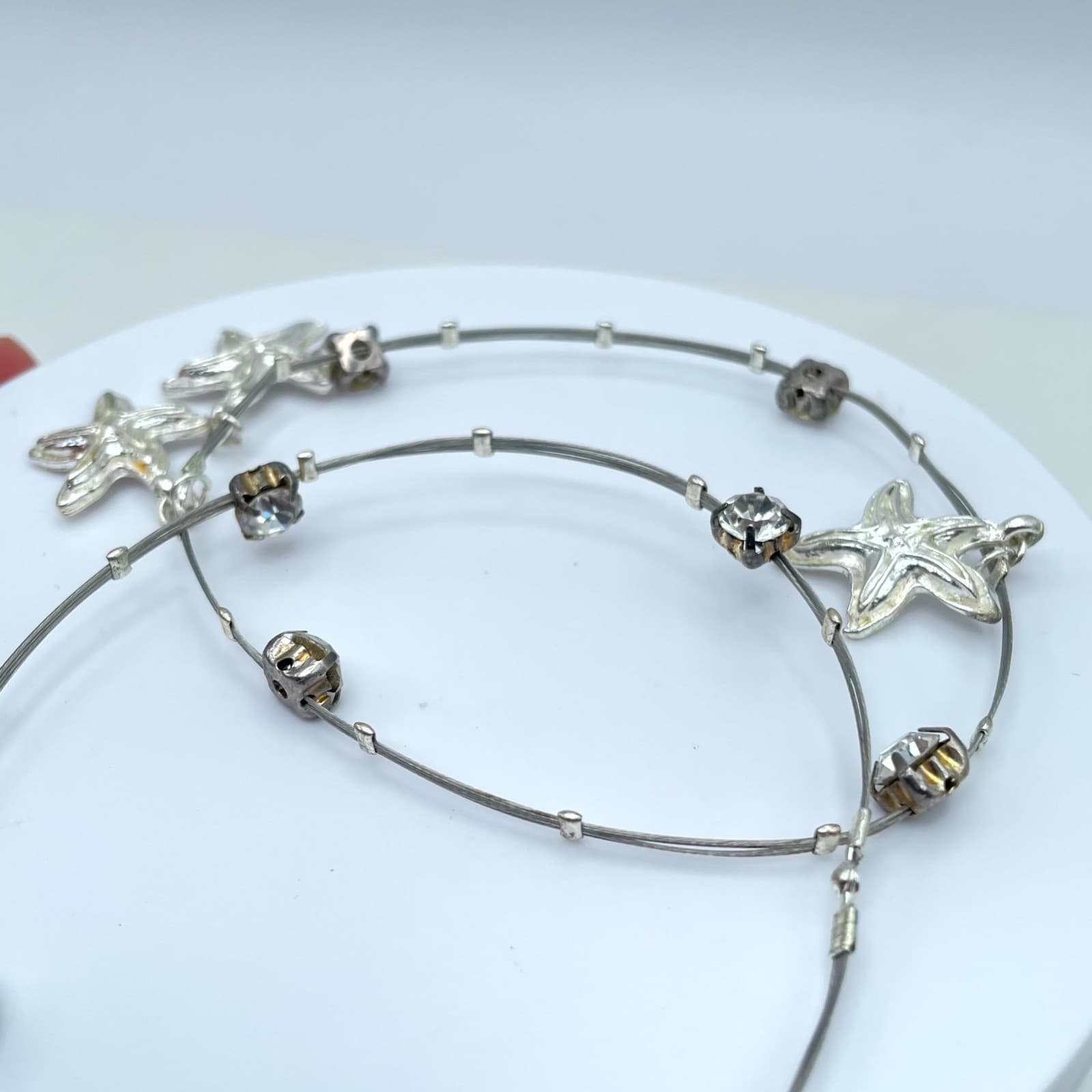Vintage Silver-Tone Prong Starfish Affinity Double Strand Wire Bangle Bracelet - Thumbnail 4