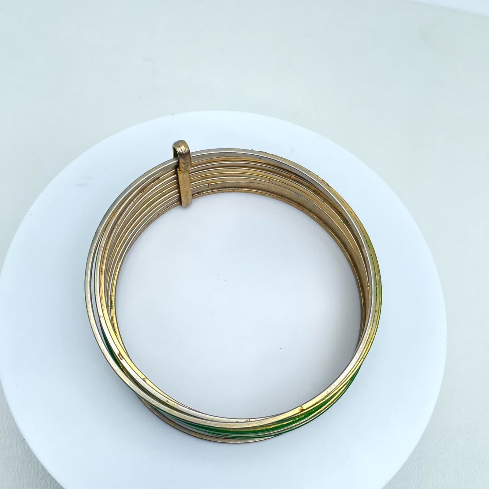 Vintage 90s Gold & Green Retro Classic Fashion Emerald Stacked Bangle Bracelet - Thumbnail 5