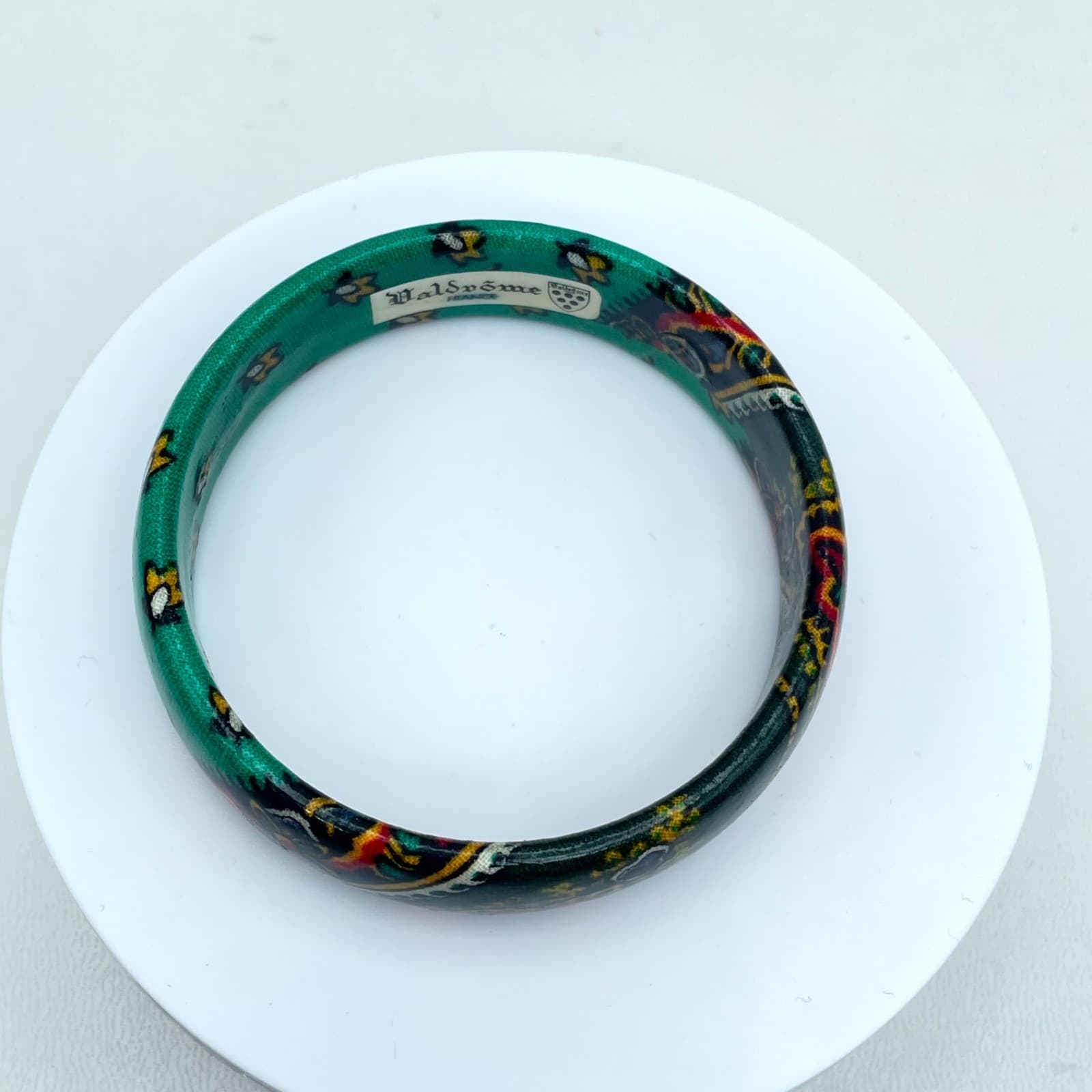 Vintage Valdrome Green Gold Indienne Floral Painted Enamel Bangle Bracelet - Thumbnail 7