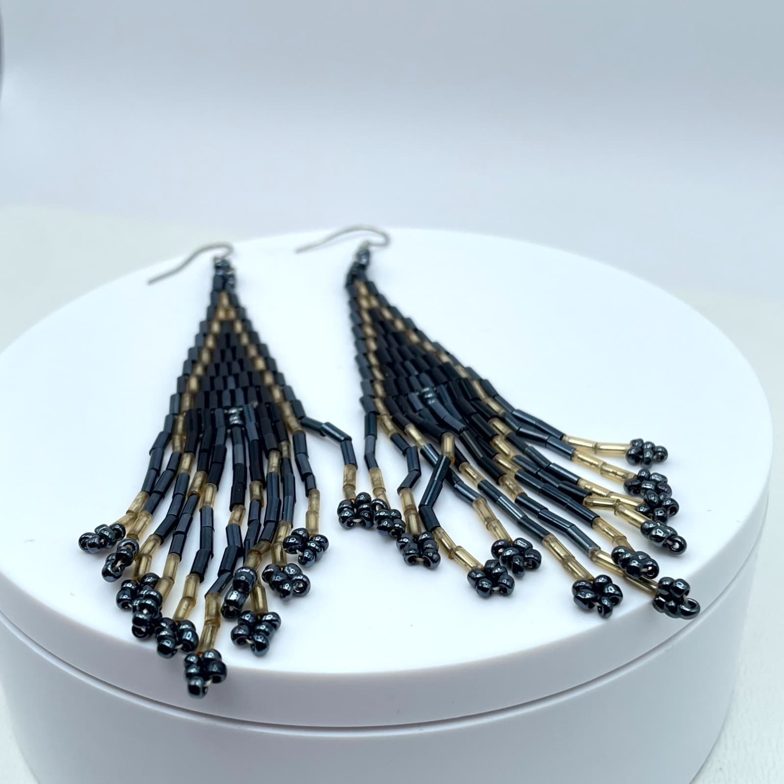 Boho-Chic Modern Gold-Tone Black Handcrafted Seed Beads Fringe Hook Earrings - Thumbnail 9