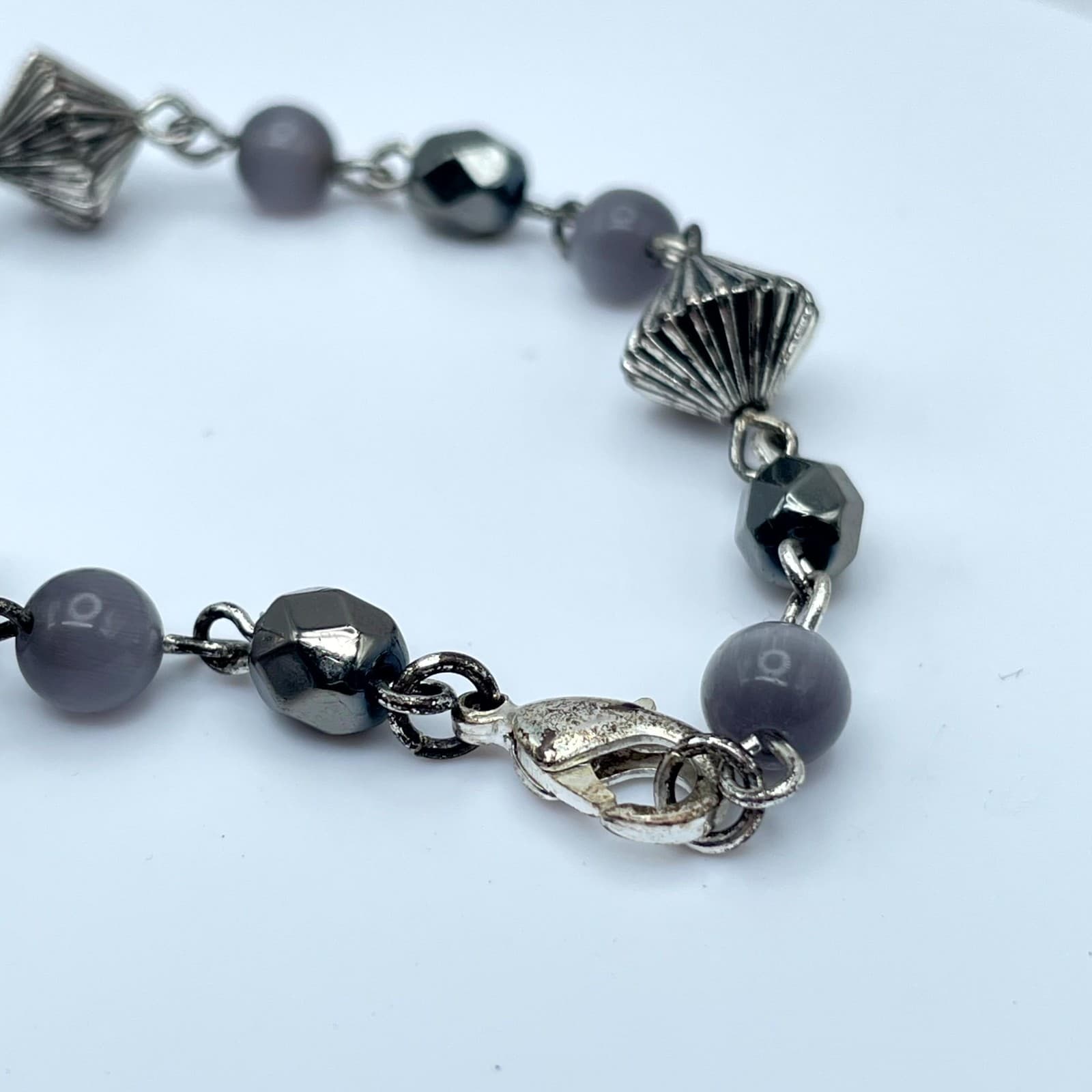 Contemporary Silver-Tone Hematite Style Bicone Faceted Beaded Lobster Bracelet - Thumbnail 3