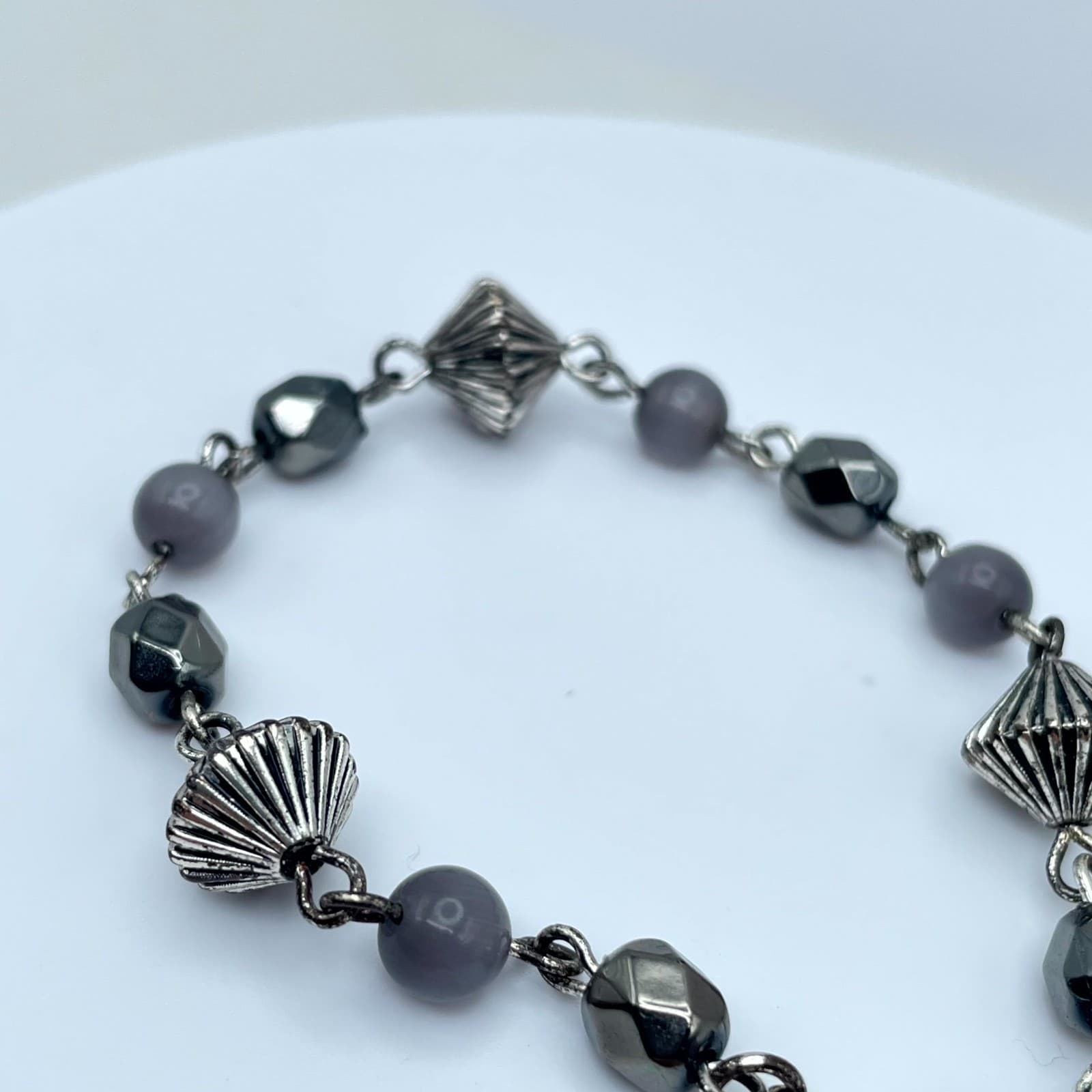 Contemporary Silver-Tone Hematite Style Bicone Faceted Beaded Lobster Bracelet - Thumbnail 6