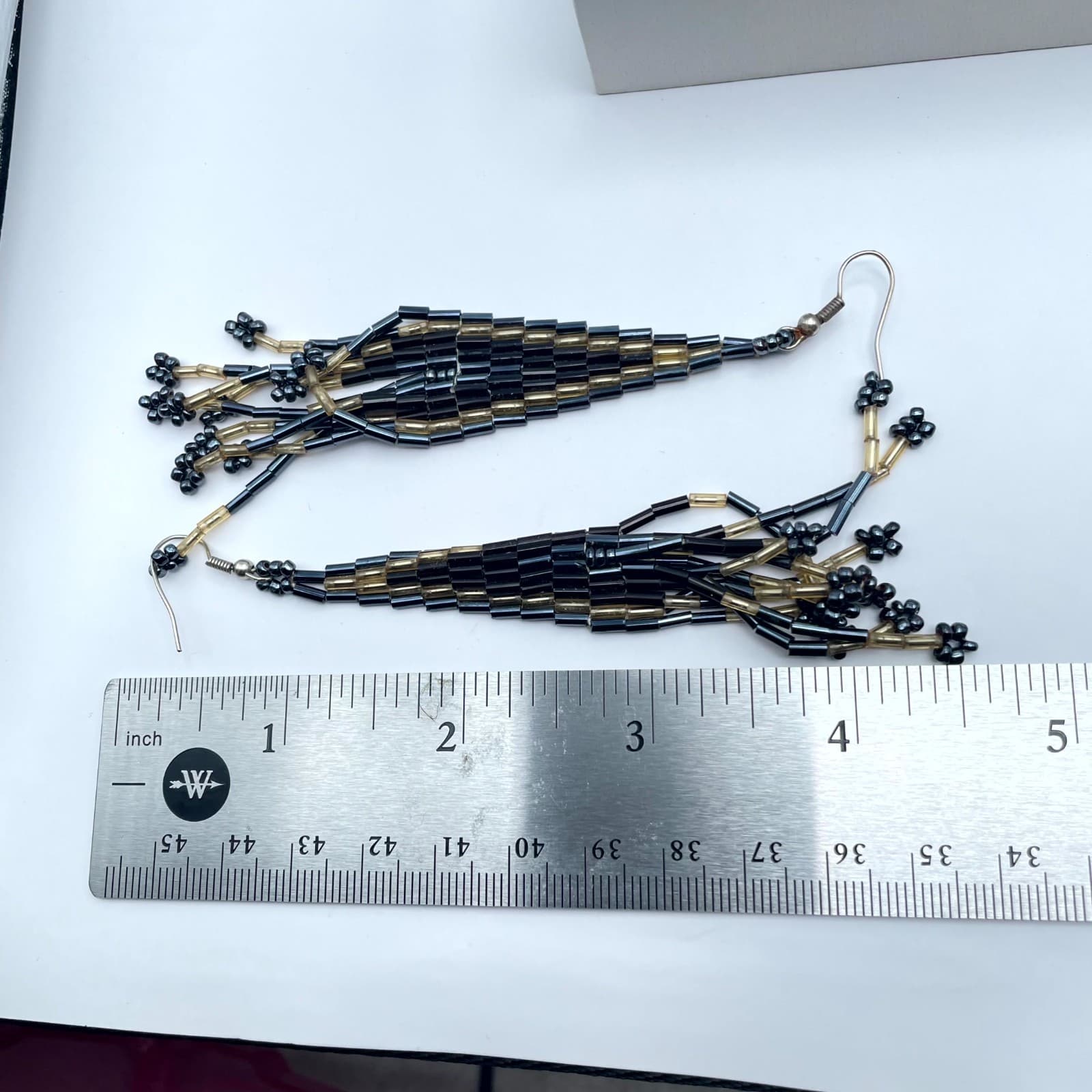 Boho-Chic Modern Gold-Tone Black Handcrafted Seed Beads Fringe Hook Earrings - Thumbnail 2