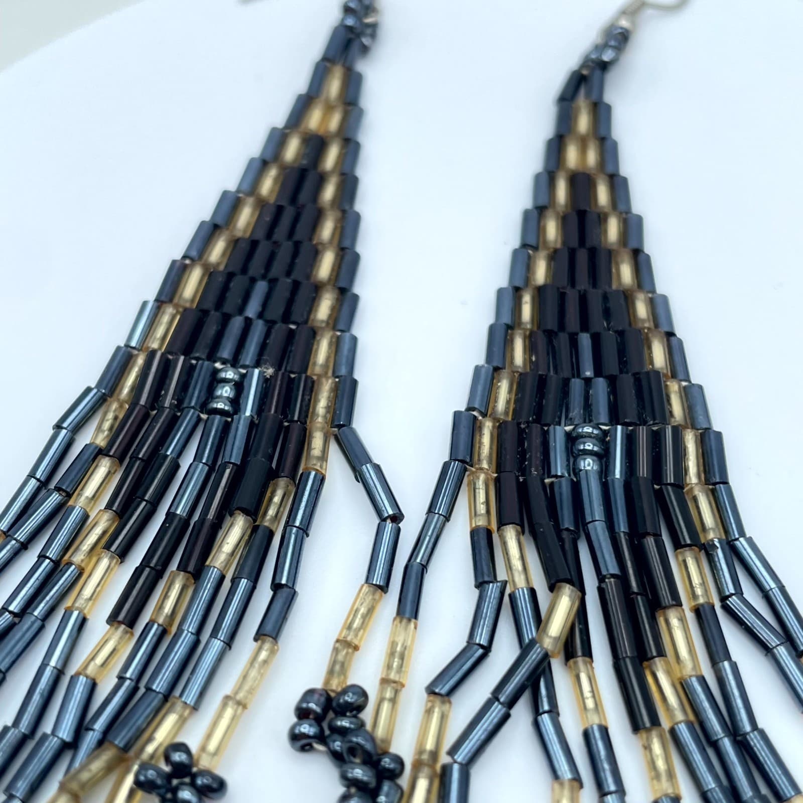Boho-Chic Modern Gold-Tone Black Handcrafted Seed Beads Fringe Hook Earrings - Thumbnail 4