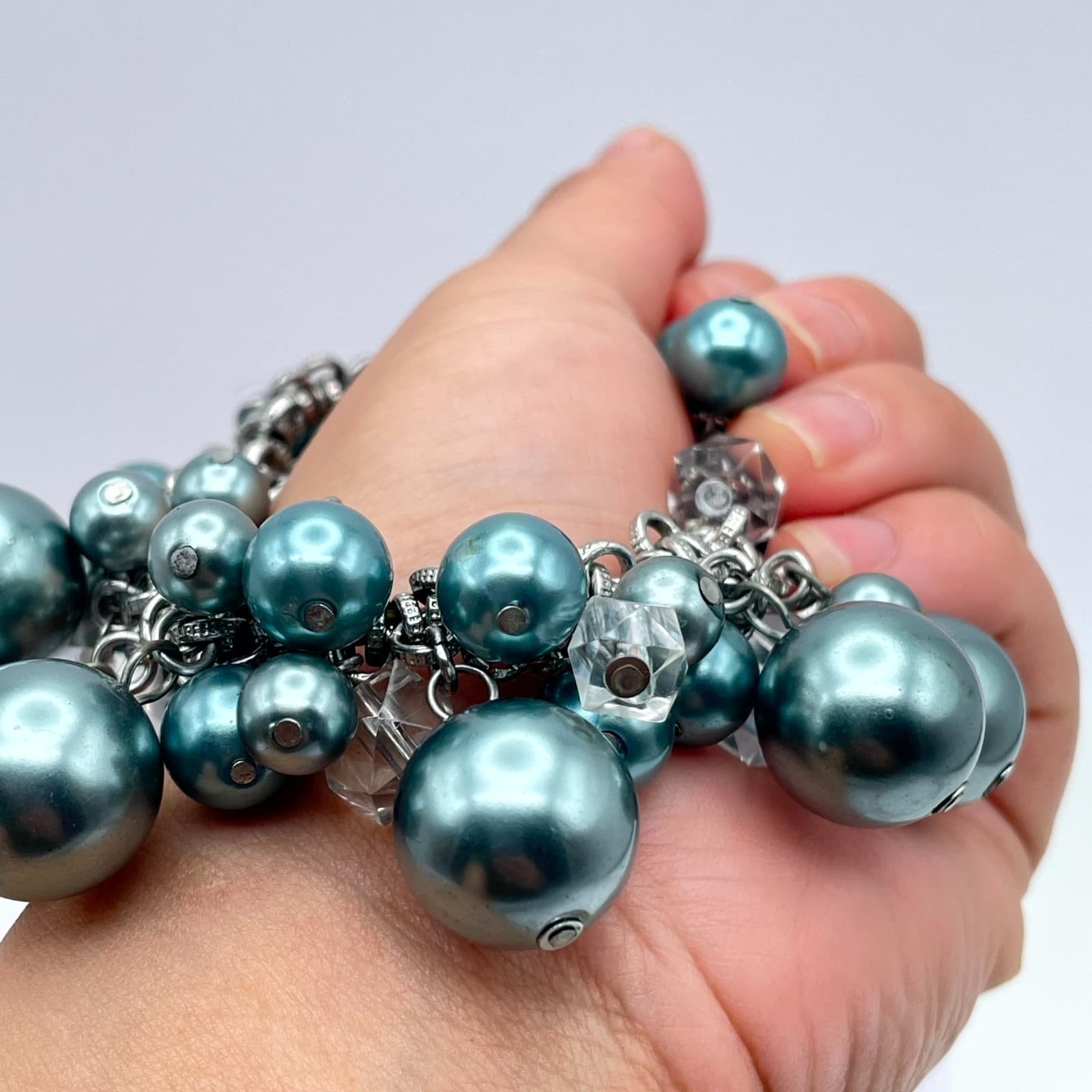 Vintage Silver-Tone Blue Mother Of Pearls Beaded Chunky Statement Chain Bracelet - Thumbnail 8