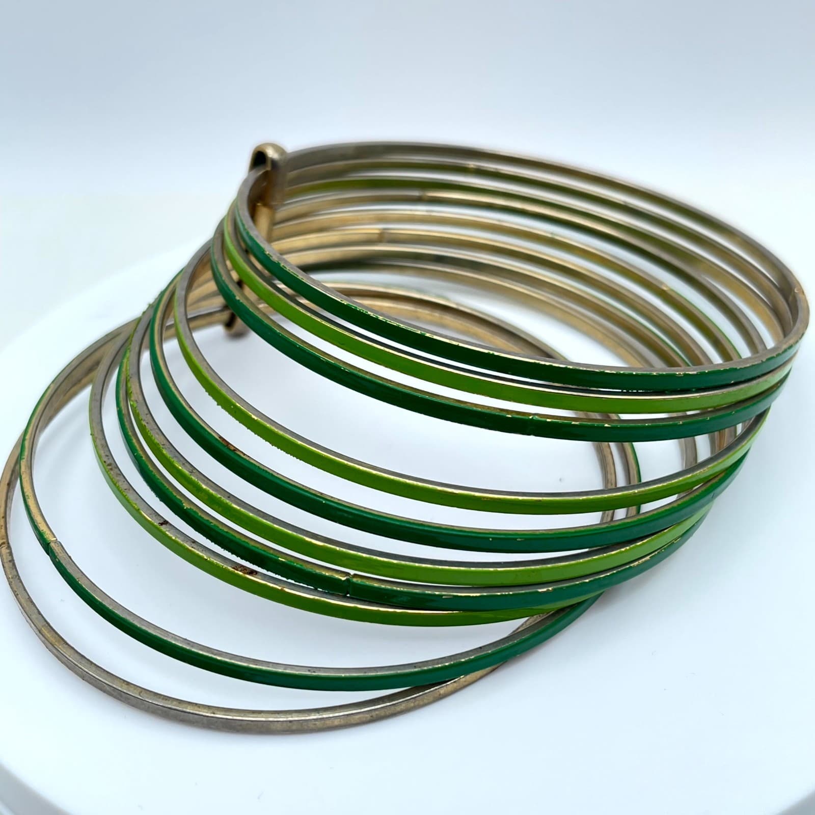 Vintage 90s Gold & Green Retro Classic Fashion Emerald Stacked Bangle Bracelet - Thumbnail 2