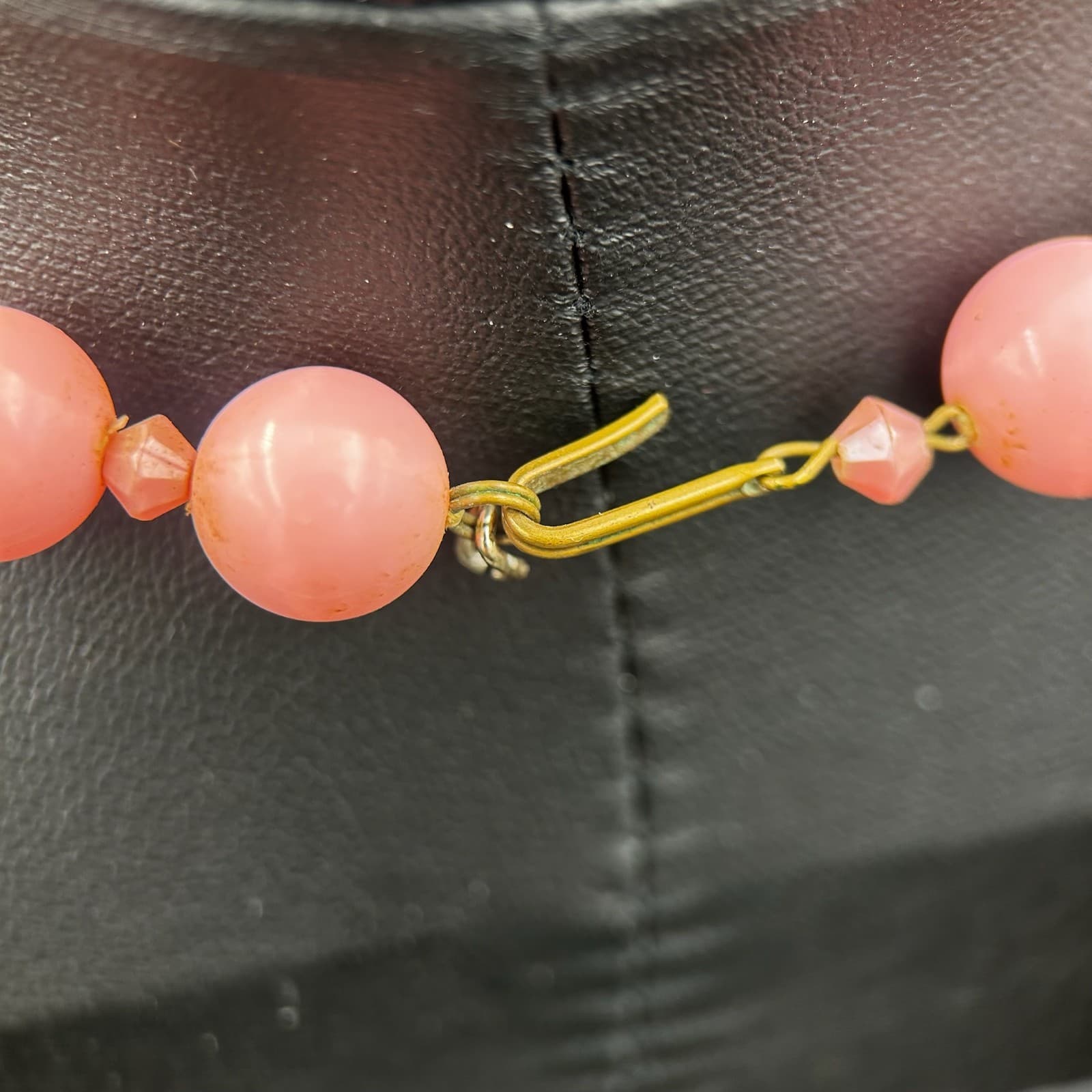 Vintage Pink Plastic Beads with Gold Tone Divider Beads Choker Necklace 12” - Thumbnail 6