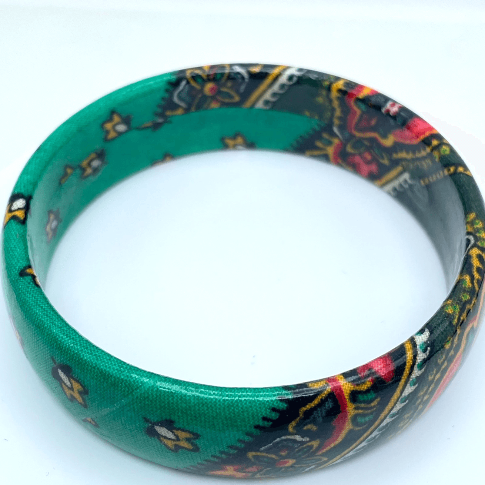 Vintage Valdrome Green Gold Indienne Floral Painted Enamel Bangle Bracelet - Image 1