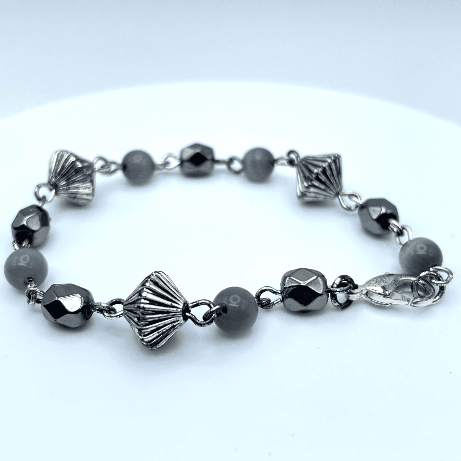 Contemporary Silver-Tone Hematite Style Bicone Faceted Beaded Lobster Bracelet - Thumbnail 2