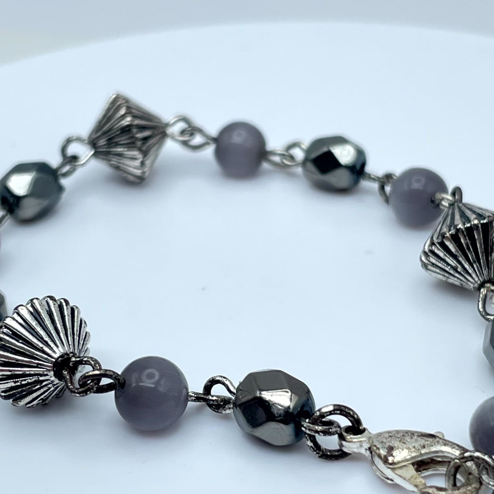 Contemporary Silver-Tone Hematite Style Bicone Faceted Beaded Lobster Bracelet - Thumbnail 4