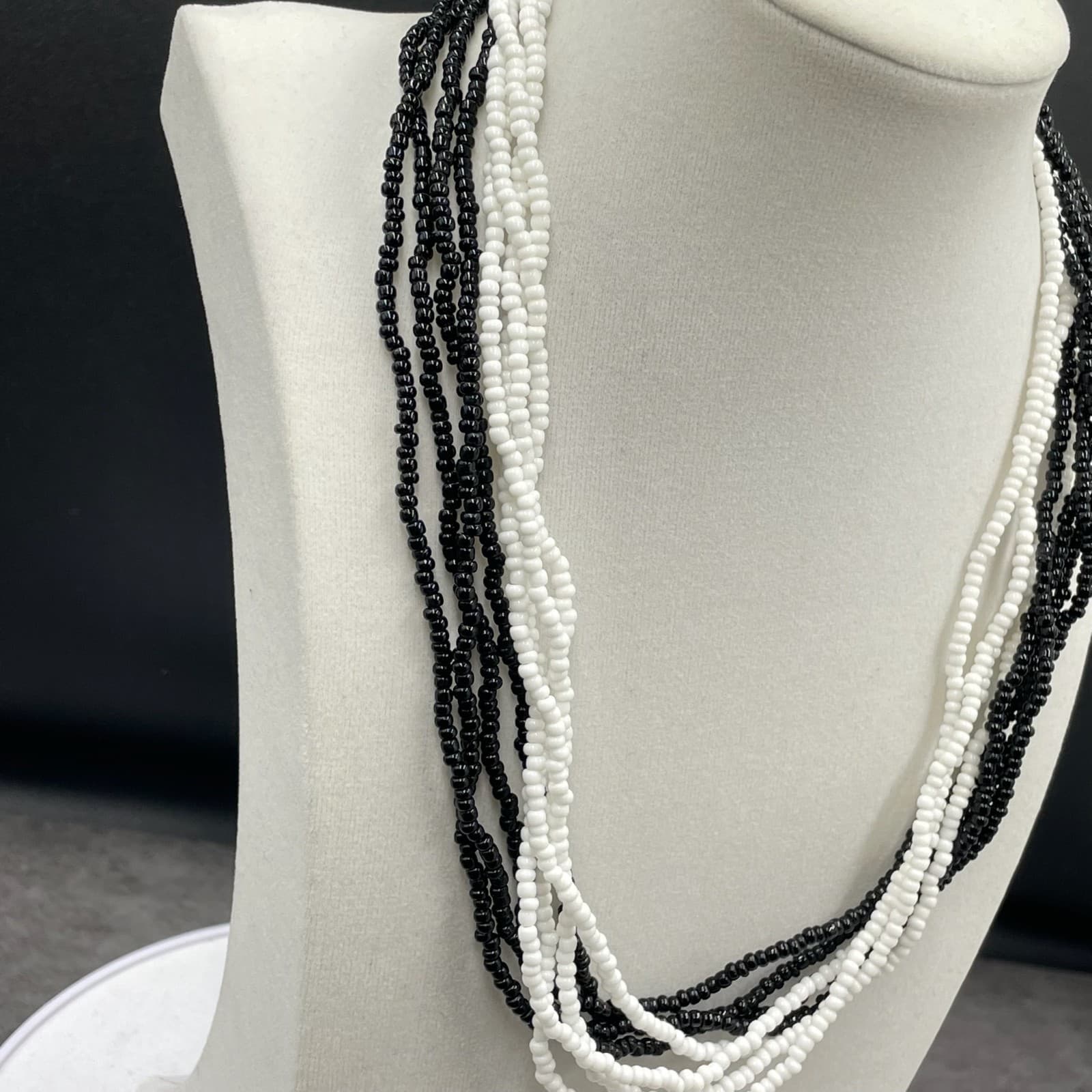Vintage Multi-Strand Black White Glass Seed Retro Beaded Necklace - Size 20" - Thumbnail 2