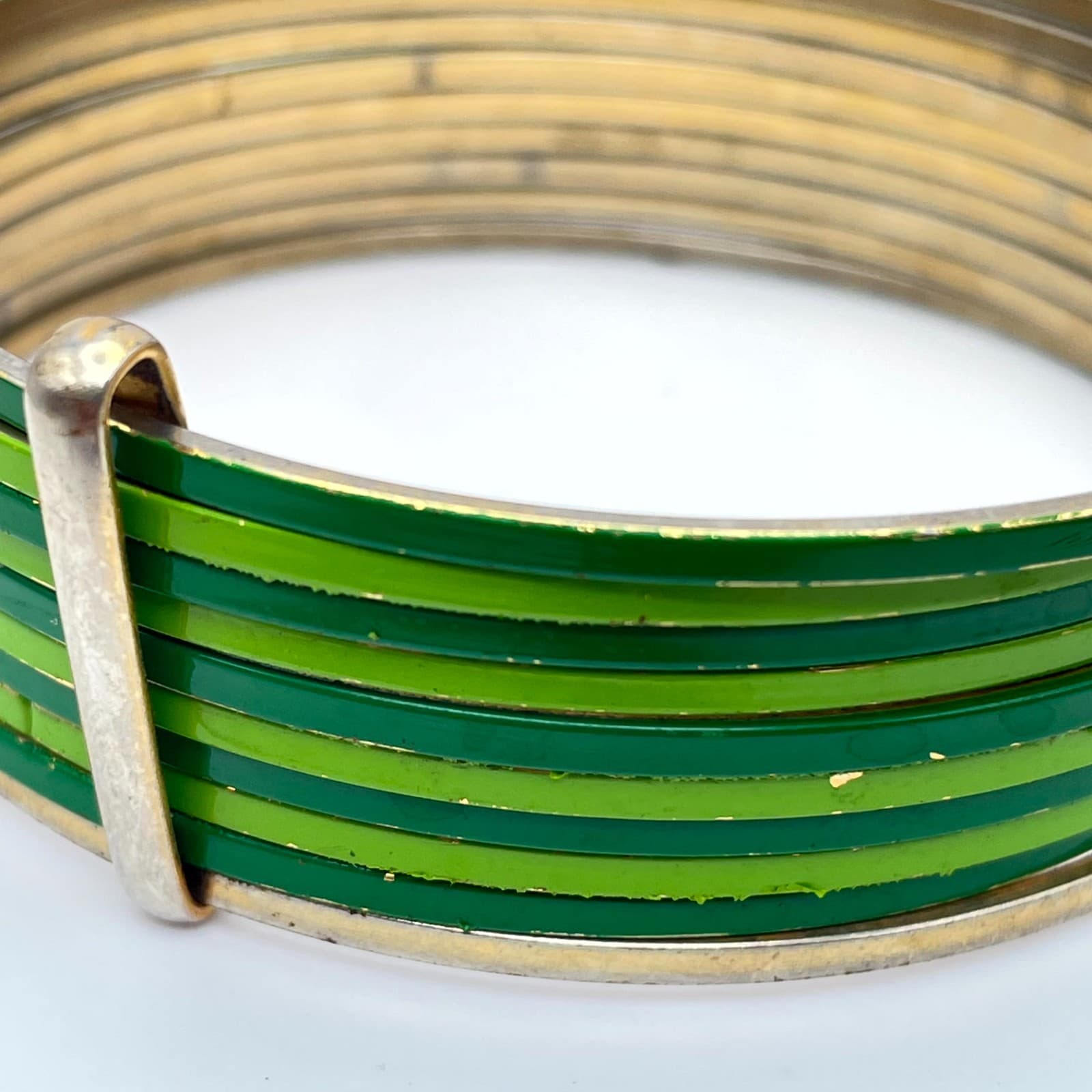Vintage 90s Gold & Green Retro Classic Fashion Emerald Stacked Bangle Bracelet - Thumbnail 6
