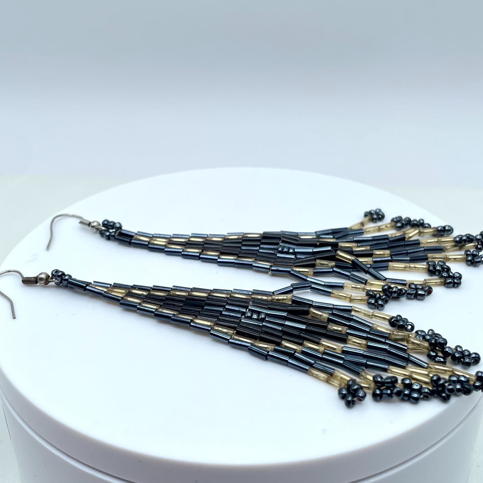 Boho-Chic Modern Gold-Tone Black Handcrafted Seed Beads Fringe Hook Earrings - Thumbnail 7