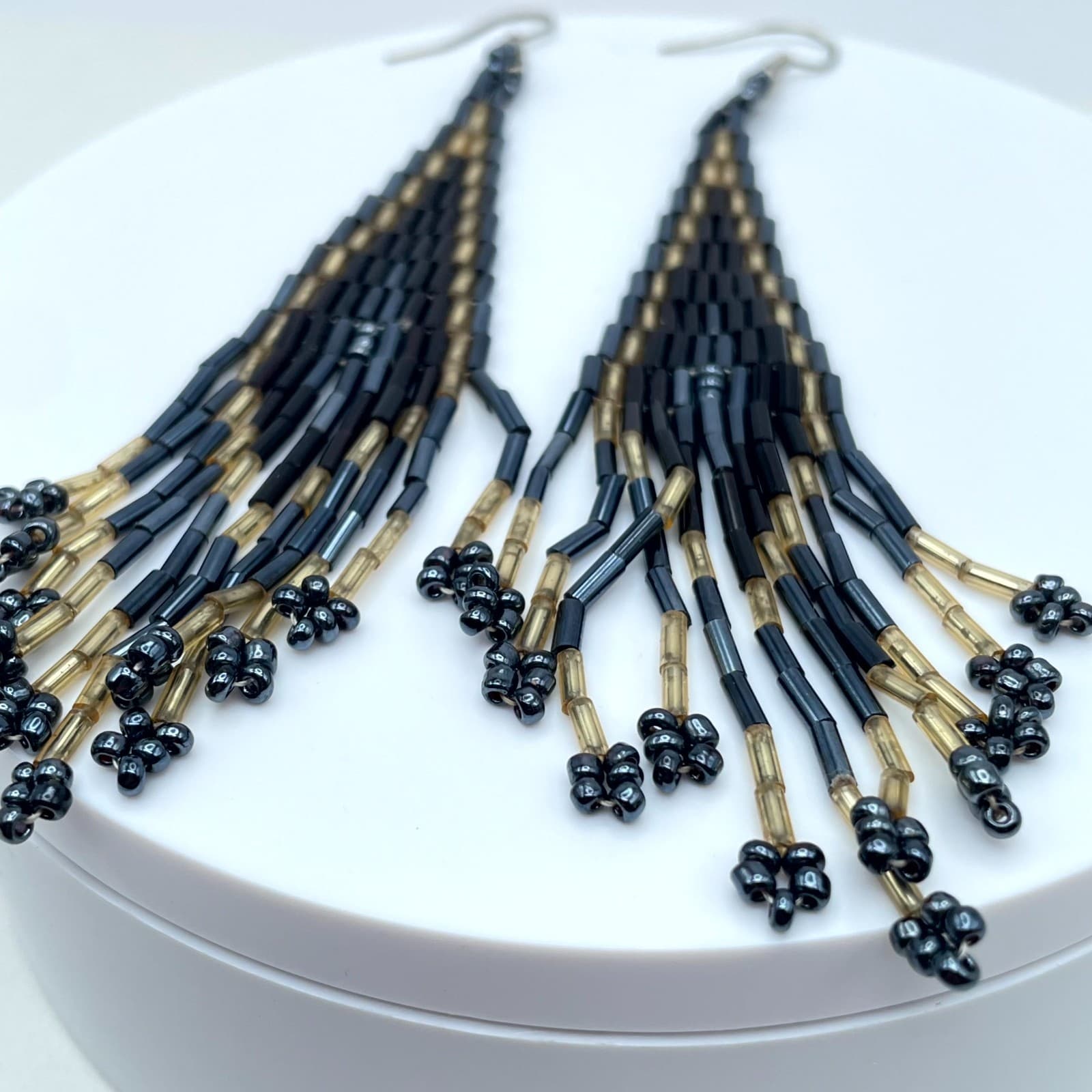 Boho-Chic Modern Gold-Tone Black Handcrafted Seed Beads Fringe Hook Earrings - Thumbnail 5