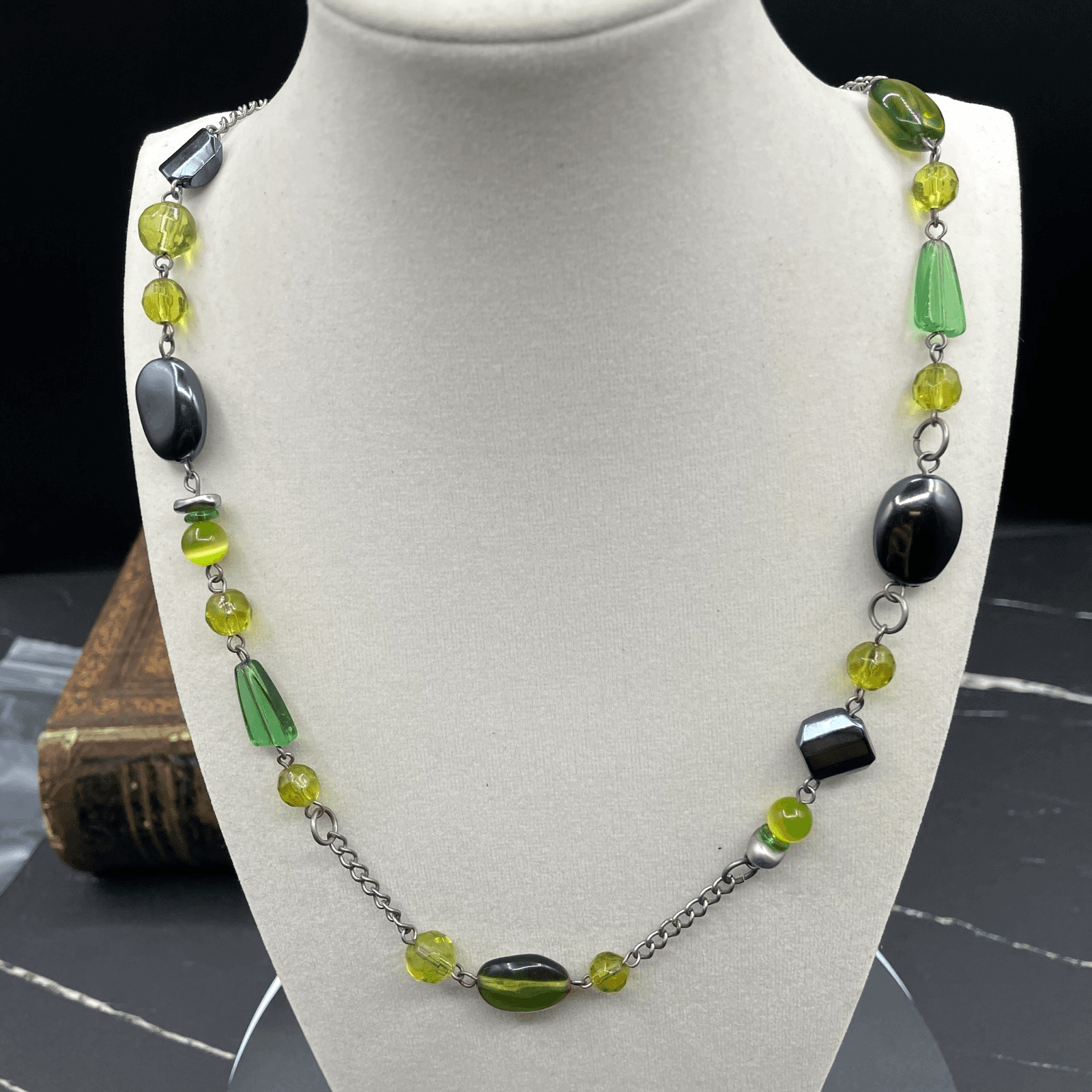 Silver-Tone Green Peridot Tourmaline Station Statement Beaded Lobster Necklace - Image 1