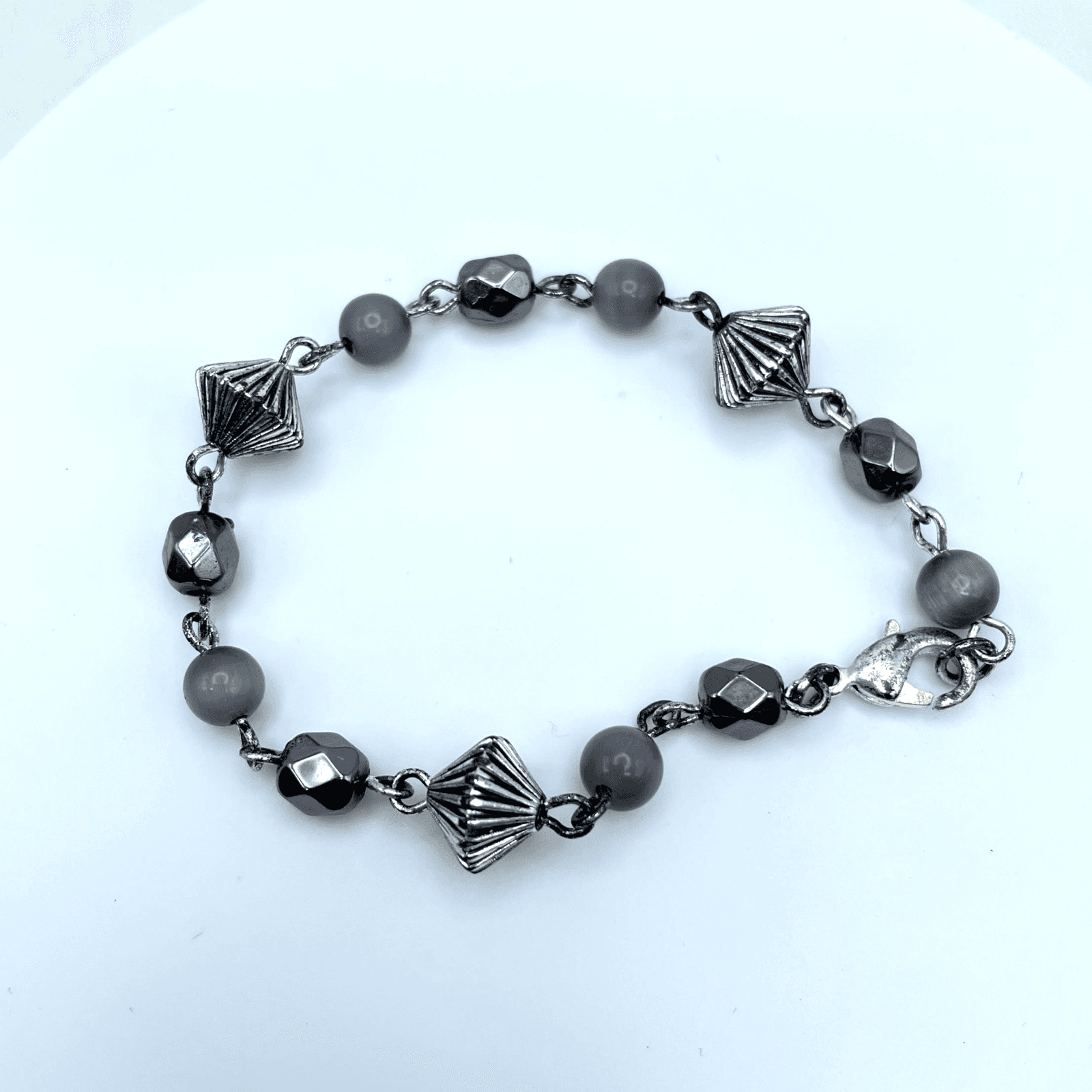 Contemporary Silver-Tone Hematite Style Bicone Faceted Beaded Lobster Bracelet - Image 1