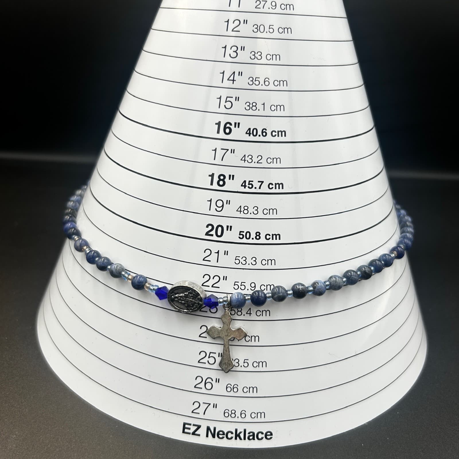 Vintage Blue Beaded Rosary Style Necklace Silver Cross Pendant Religious 22" - Thumbnail 2