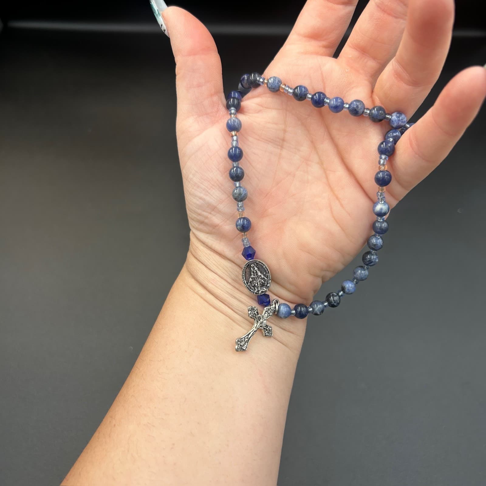 Vintage Blue Beaded Rosary Style Necklace Silver Cross Pendant Religious 22" - Thumbnail 3