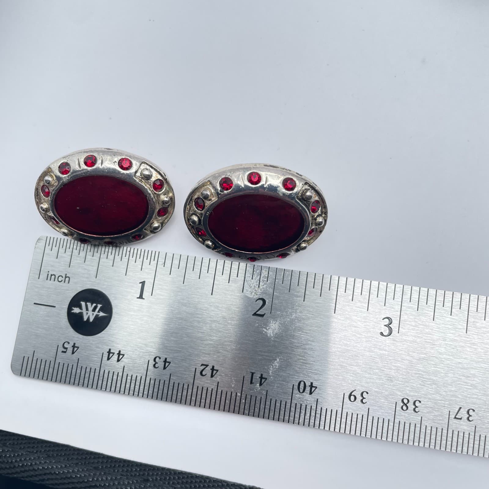 Vintage 90s Silver Tone Ruby Red Cabochon Oval Earrings Classic Fashion Jewelry - Thumbnail 6