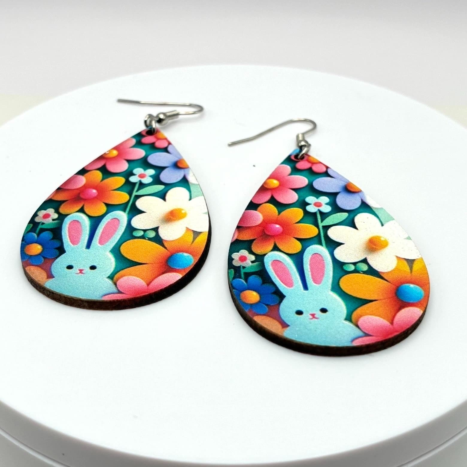 Vintage 90s Bunny Floral Teardrop Wooden Dangle Earrings Women's Classic Jewelry - Thumbnail 5