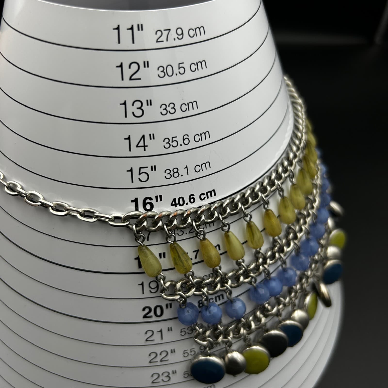 Vintage Multi-Strand Silver Chain Necklace Dangling Beads Blue Green Fashion - Thumbnail 4